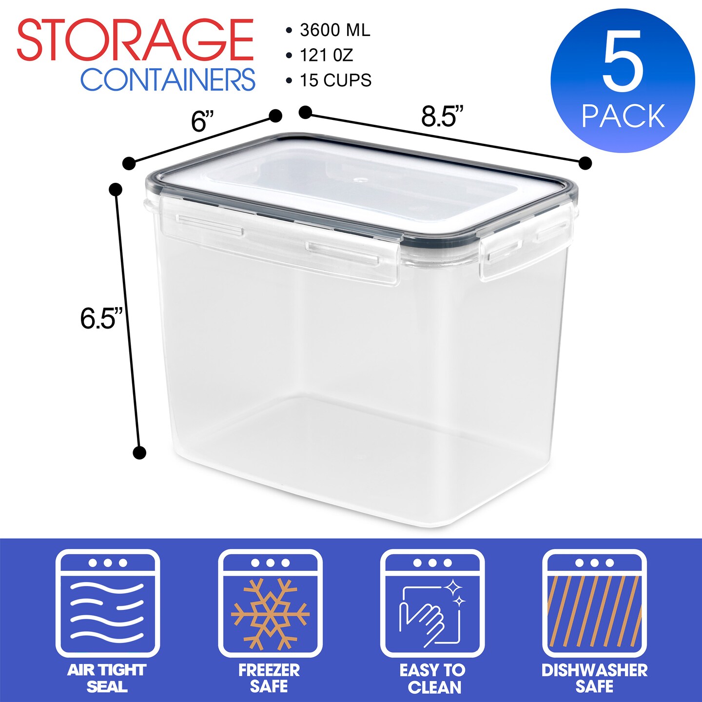 Sorbus Food Storage Containers - Pack of 5 with Air Tight, Four-Way Snap Lids