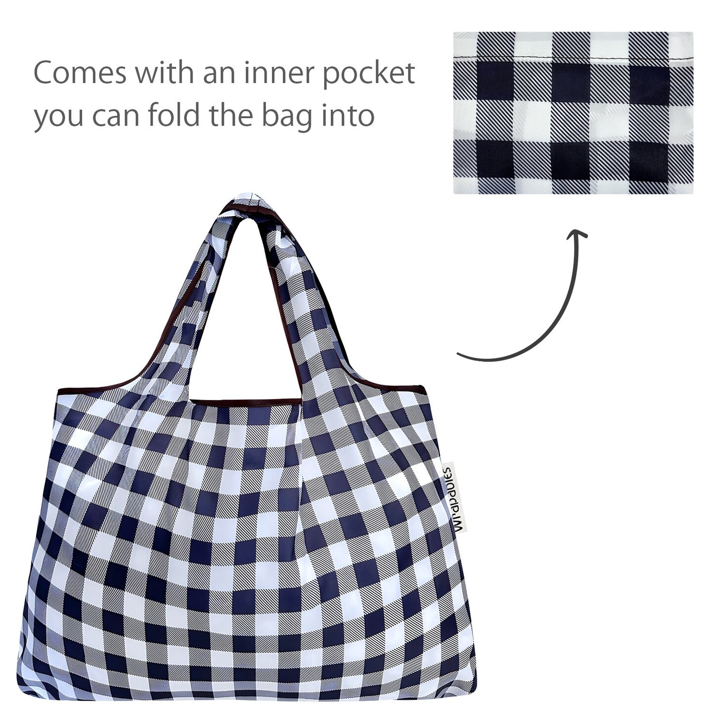 Wrapables Large Foldable Tote Nylon Reusable Grocery Bags, Black Checkers