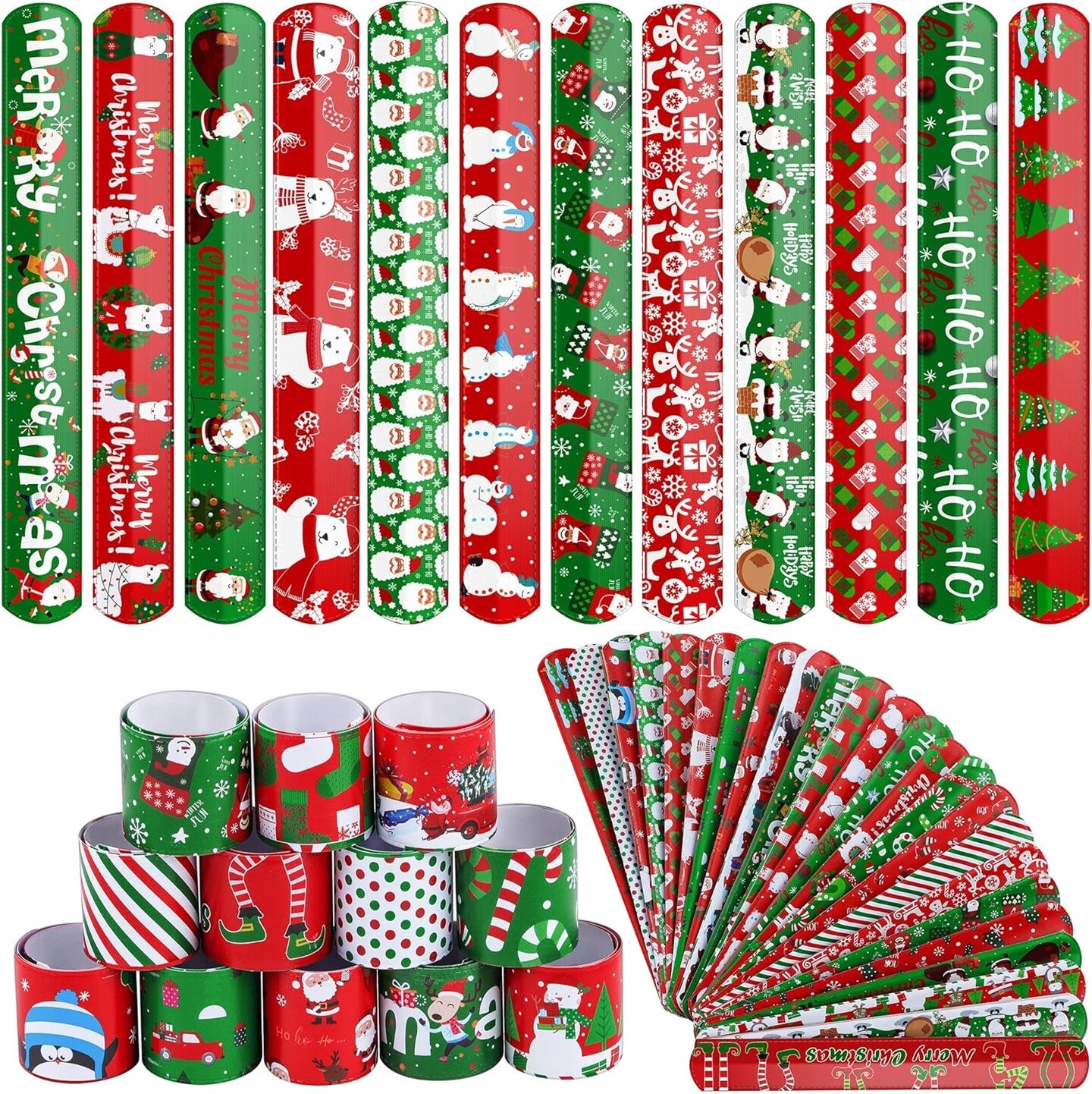 48 Pieces Christmas Slap Bracelets Xmas Slap Wristbands Bulk with Assorted Christmas Theme Pattern for Christmas Party Favors Gift Bag Fillers