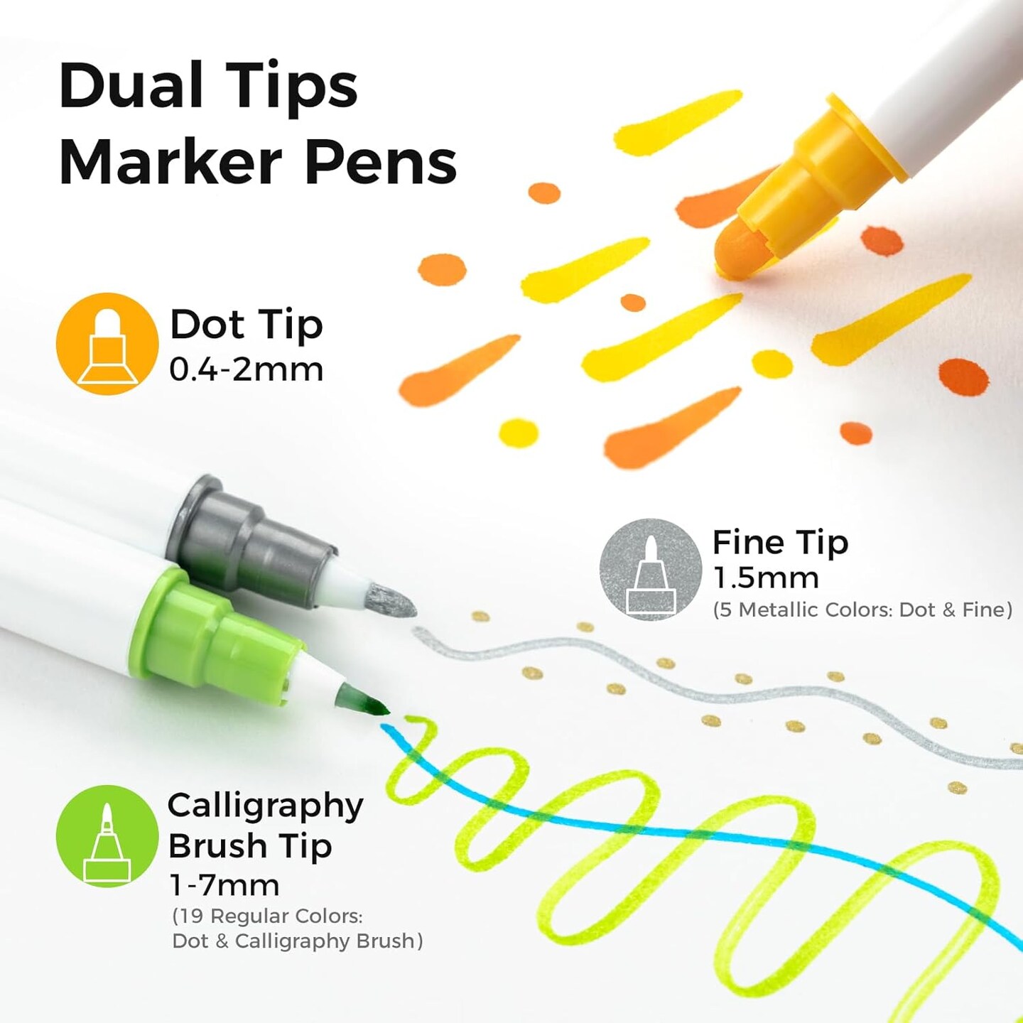 Ohuhu Dot Markers 24 Colors Dot Marker Pens Dual Tips(Calligraphy Brush &#x26; Dot) for Adults Water-based Metallic &#x26; Regular Colors Dot Pens for Lettering Journal Scrapbooking Coloring Markers - Kumimi