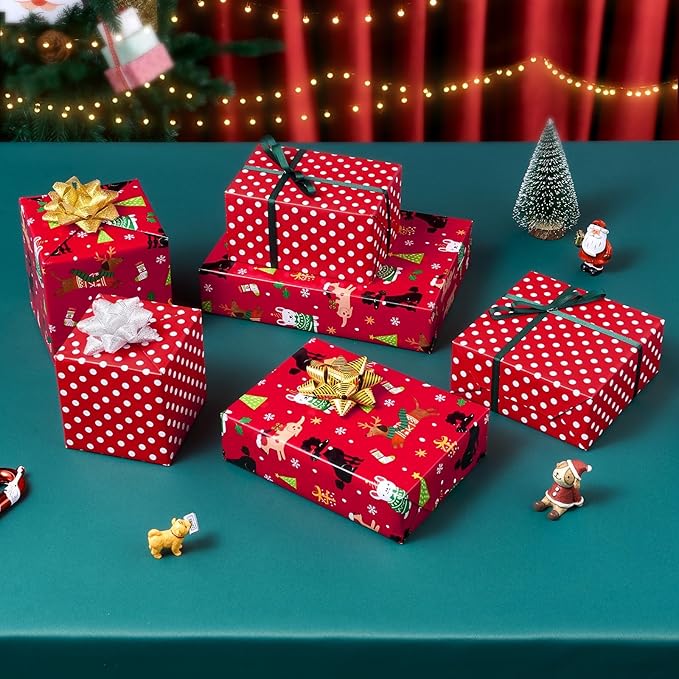 1 Roll 17&#x201D; x 33 ft Puppy Red Kids Christmas Wrapping Paper Birthday Party Gift Funny Christmas Wrap Decoration Polka Dot