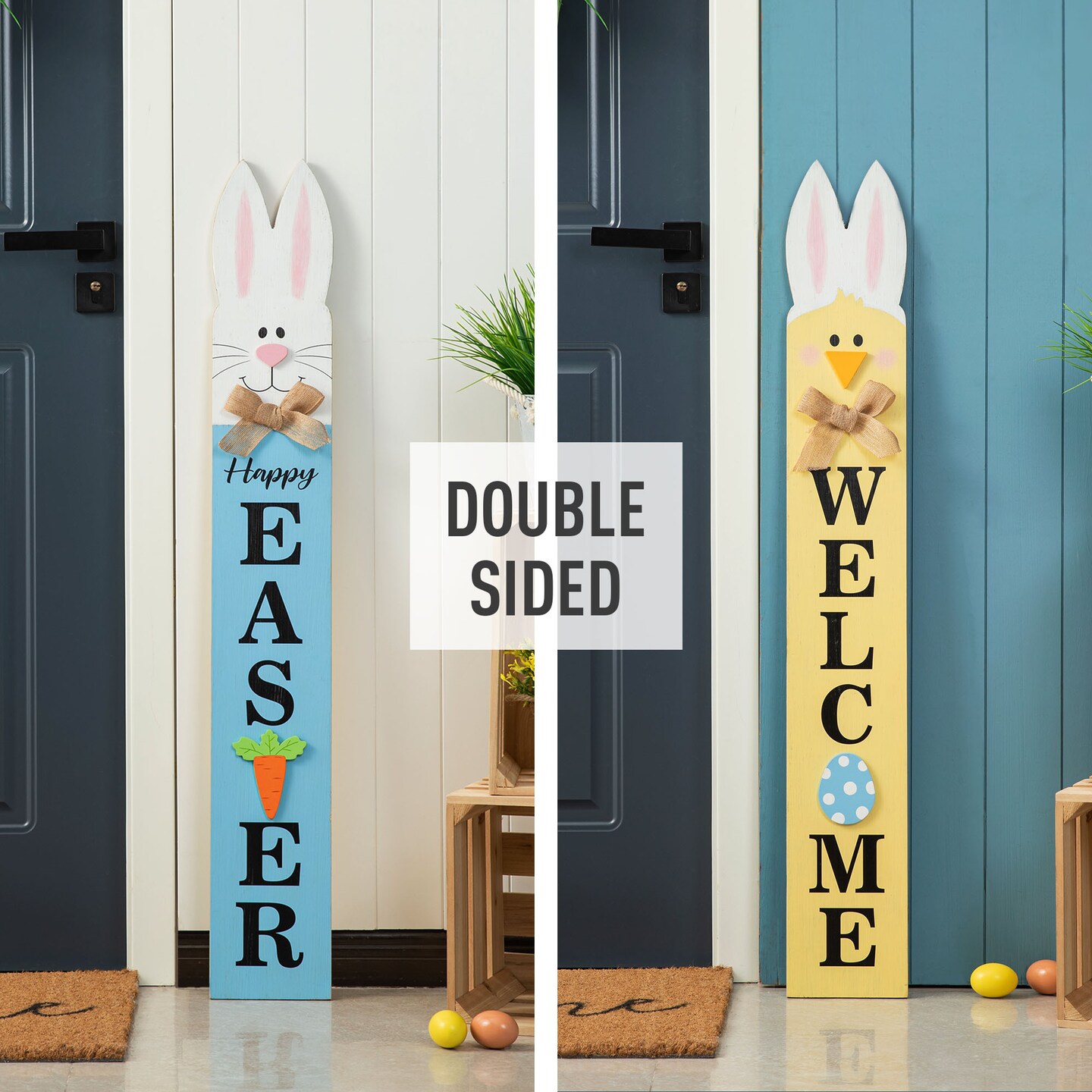 Set of 2 42"H Wooden Double-Sided Easter Welcome Porch Sign with Bunny Ears