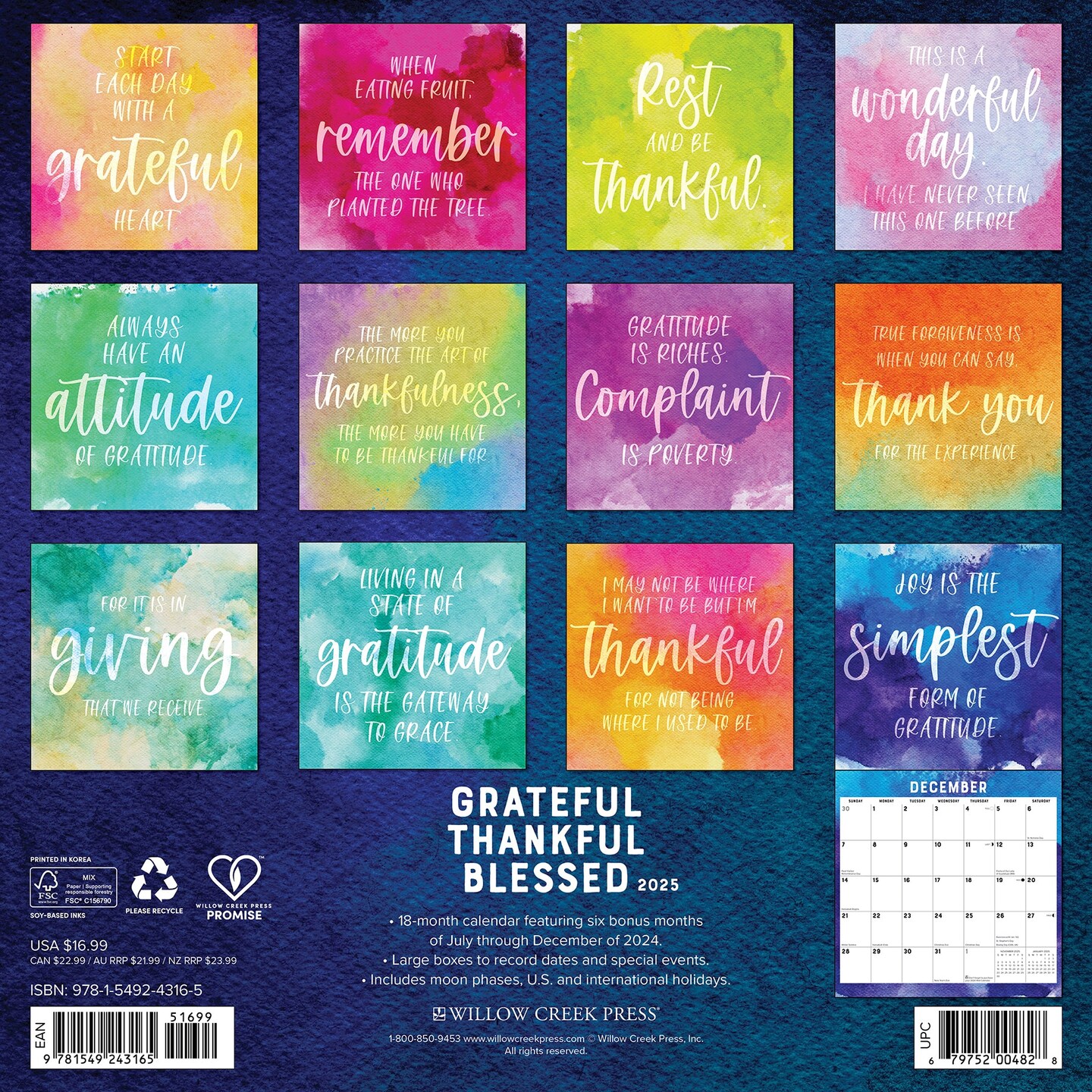 Grateful, Thankful, Blessed 2025 Wall Calendar