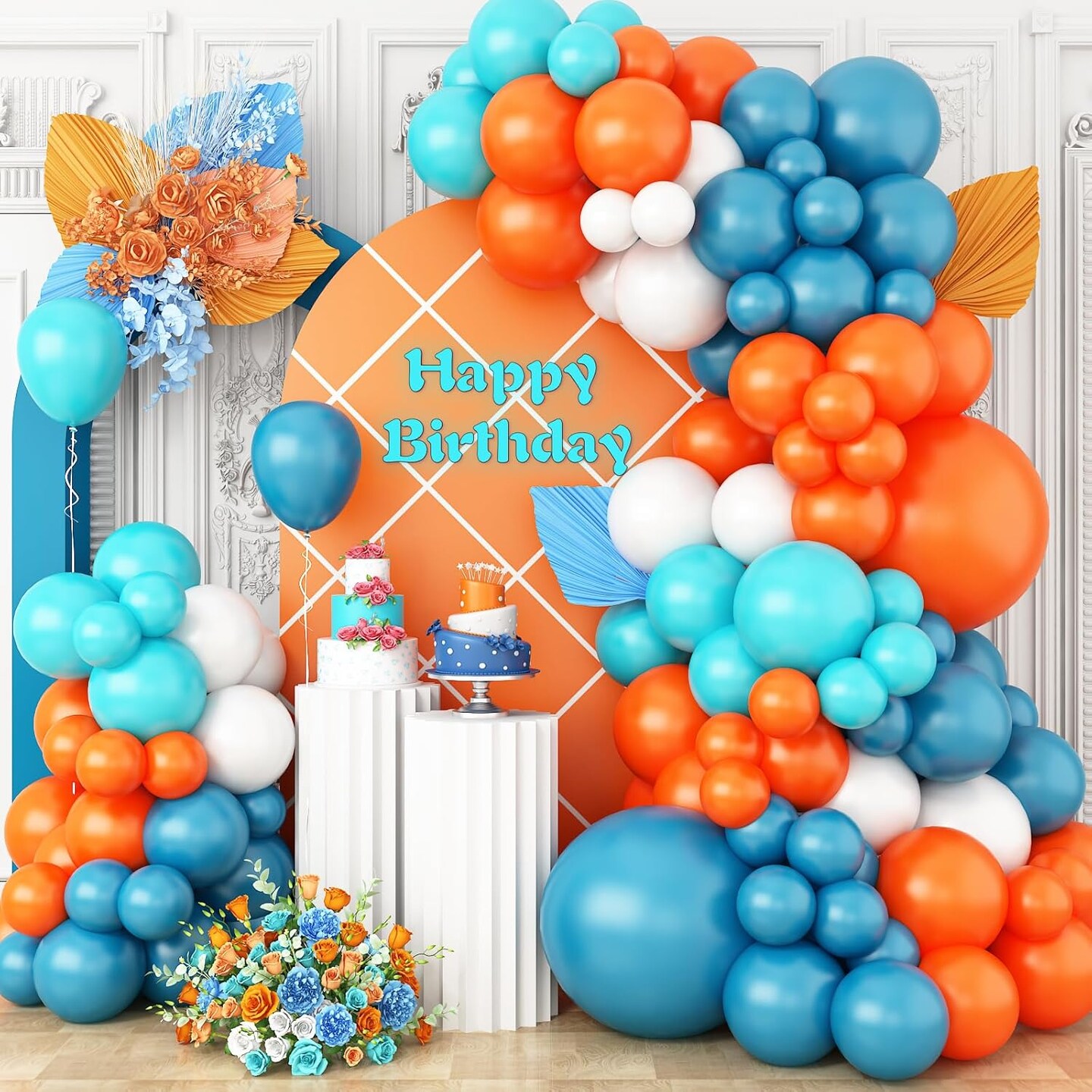 Orange and Blue Balloons Arch Garland Kit, Teal Blue Peacock White Latex Balloon Kit, Blue and Orange White Party Balloons Decoration for Birthday Wedding Baby Shower Party Supplies