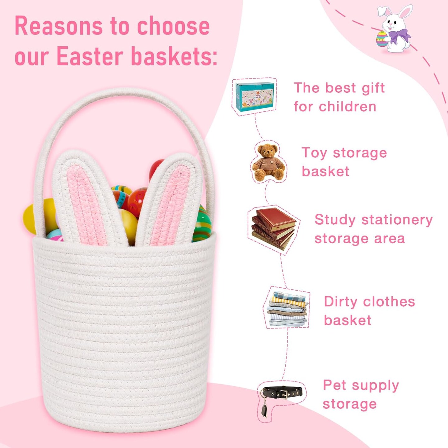 Easter Baskets for Kids,Bunny Easter Basket with Handle, Egg Hunt Easter Bag Decorations Candy Gifts Storage for Boys and Girls