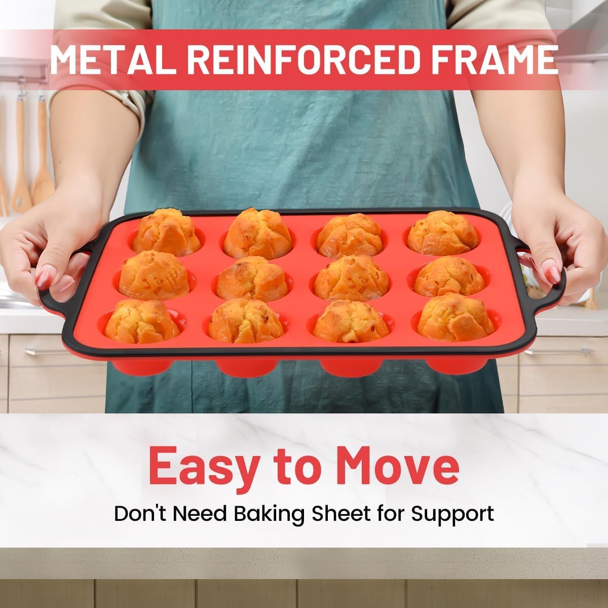 Silicone Muffin Pan, Metal Reinforced Frame Larger than Mini Cupcake Pan Easy to Handle 12 Cups Nonstick Small Silicone Muffin Tray for Baking Homemade Muffins, Cupcakes, Egg Bites