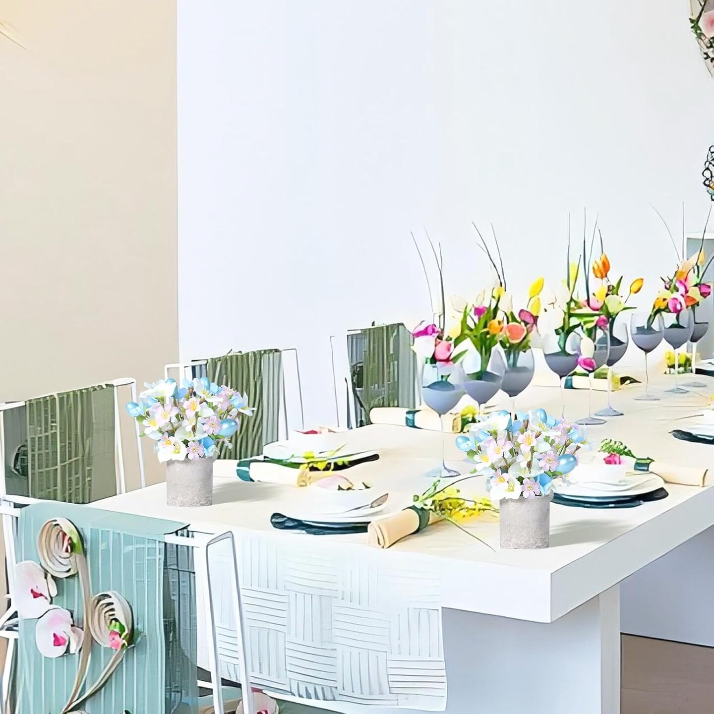 Easter Decorations, 2PCS Artificial Easter Blue Flower Egg Potted Table Decorations, for Home Farmhouse Fireplace Holiday Spring Party Decor.