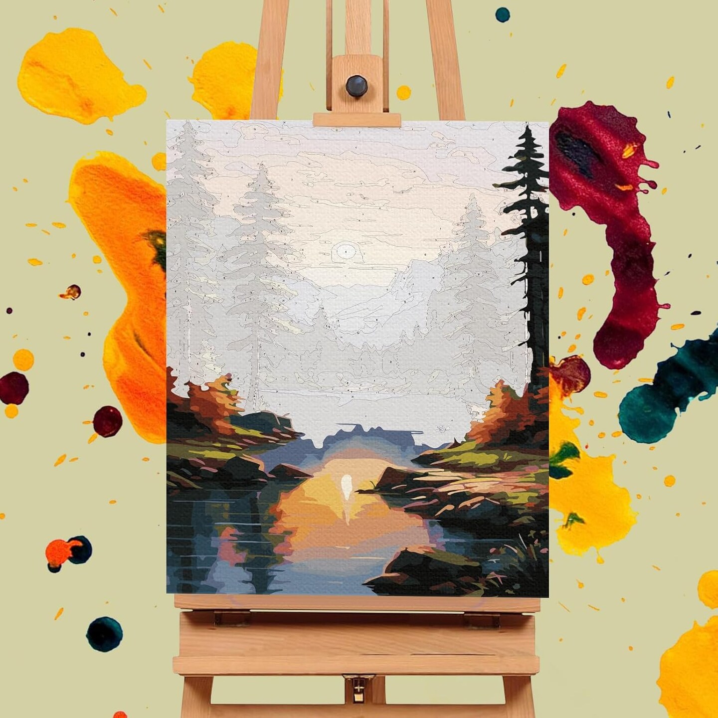 Paint by Numbers Kit for Adults Framed Canvas - 16x20 Inch Lake Landscape Adult Paint by Number Kits with Frame, Sunset DIY Acrylic Framed Canvas for Painting Kits for Adults with Gift Box