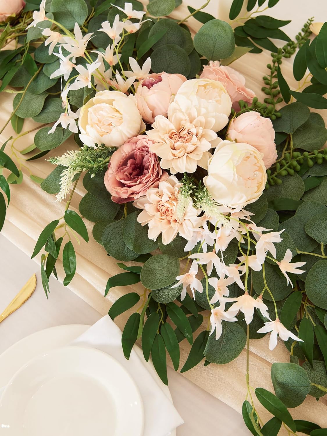 8FT Eucalyptus and Willow Leaf Garland with Artificial Flowers Fake Flower Peony Rose Vine Greenery Decorative Wall Hanging Plant for Spring Wedding Arch Door Arrangement Party Decor