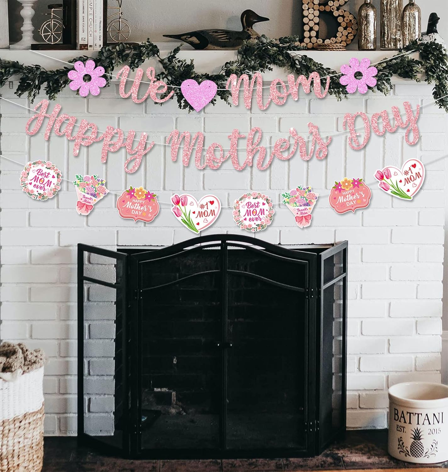 Glittery We Love Mom Happy Mother's Day Banner with Heart Flowers Rose Gold