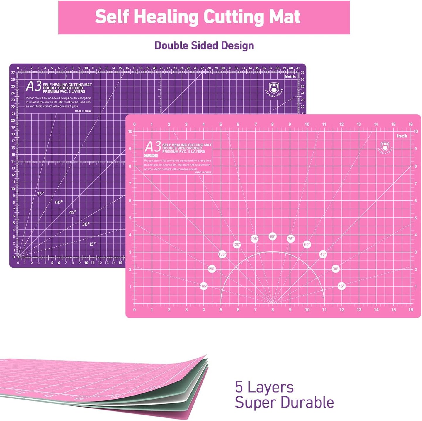 Rotary Cutter Set - 45mm Fabric Cutter, 5 Replacement Rotary Blades, A3 Cutting Mat, Quilting Ruler and Sewing Clips, Craft Knife Set, Ideal for Crafting, Sewing, Patchworking, Pink