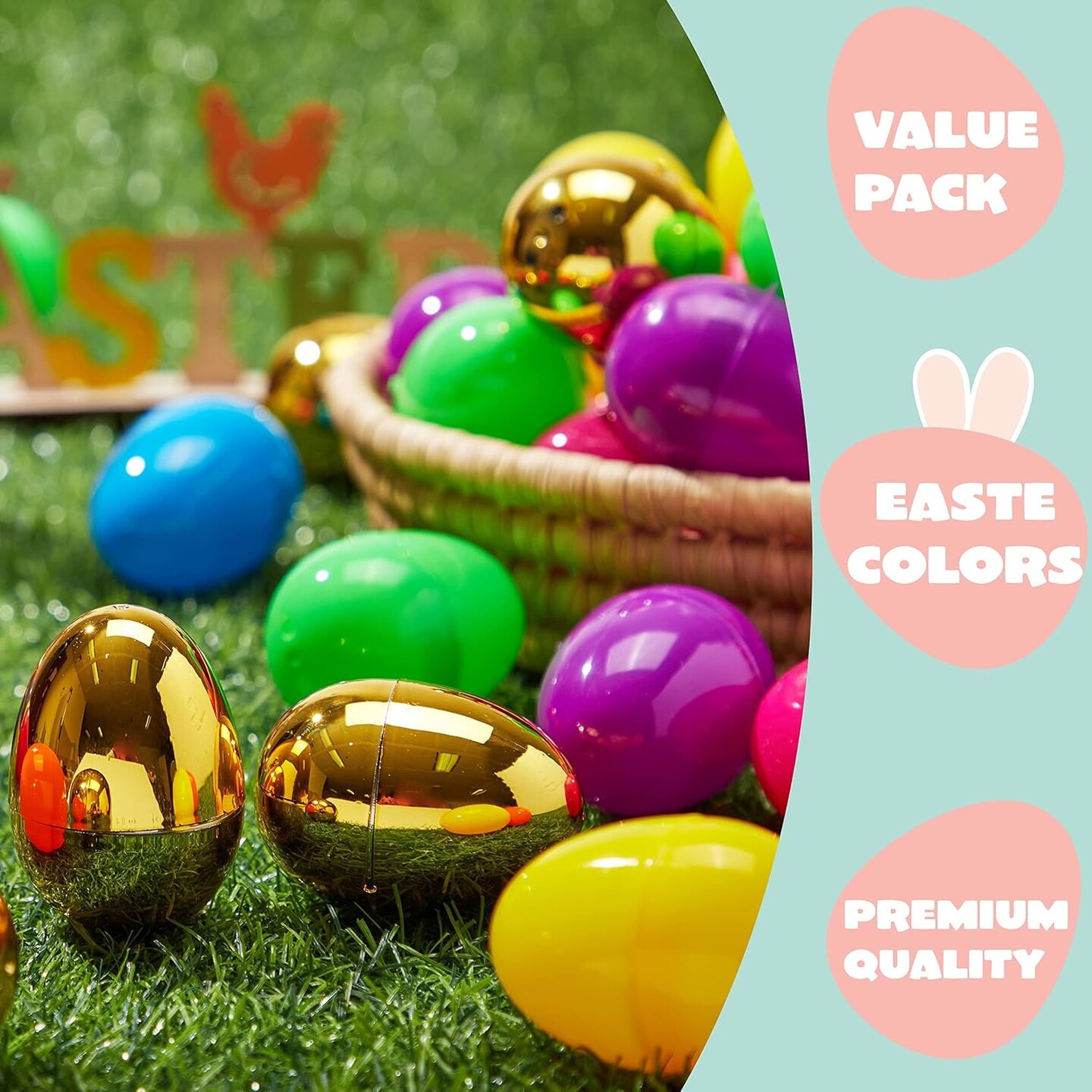 300PCS Plastic Easter Eggs, Empty 2.3" 294PCS Colorful with 6PCS Golden Eggs Bulk Fillable for Easter Hunt Party Favor Basket Stuffers Filler