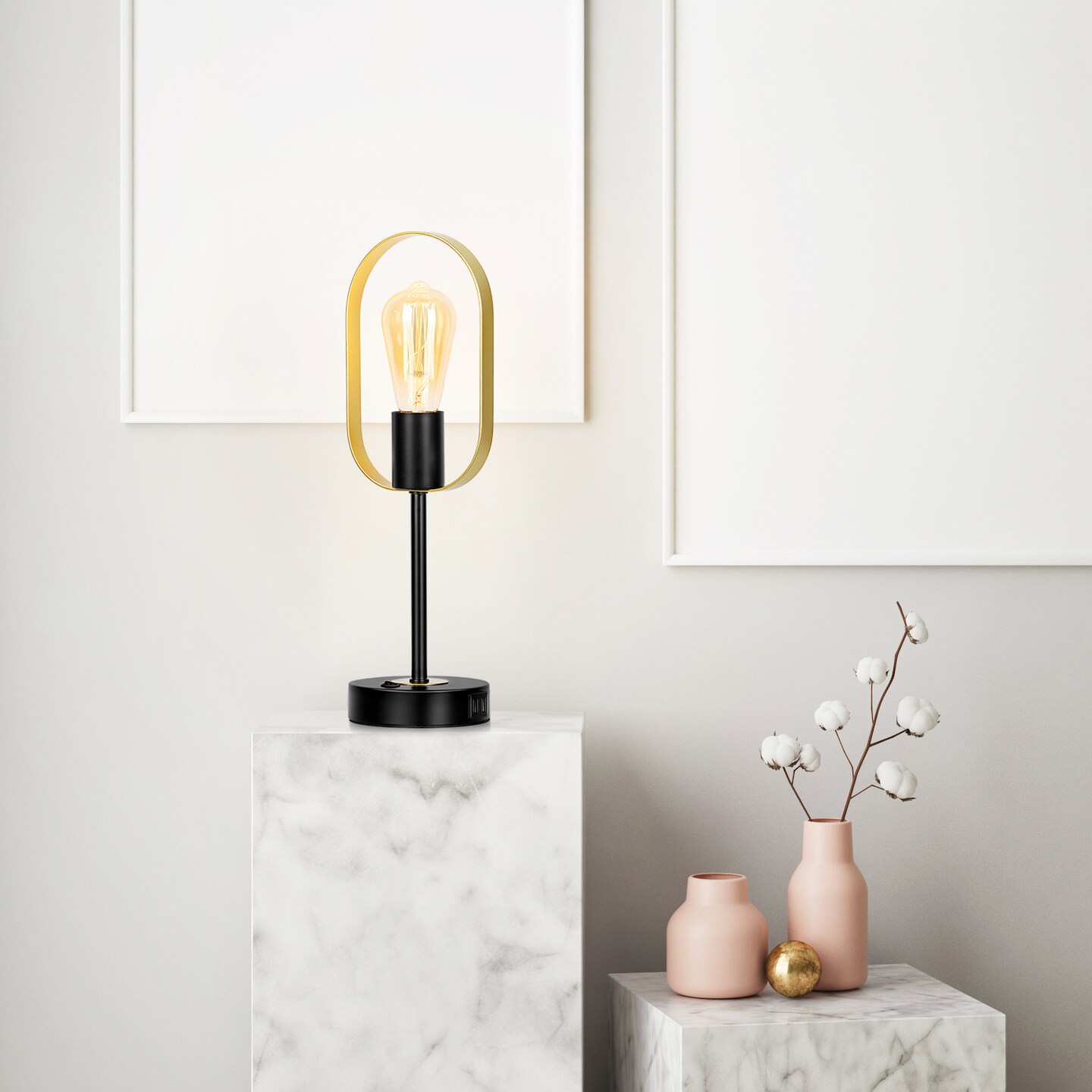 Modern Oval Ring Table Lamp Unique Desk Light with 2 USB Ports & AC Outlet for Bedroom, Office, or Living Room