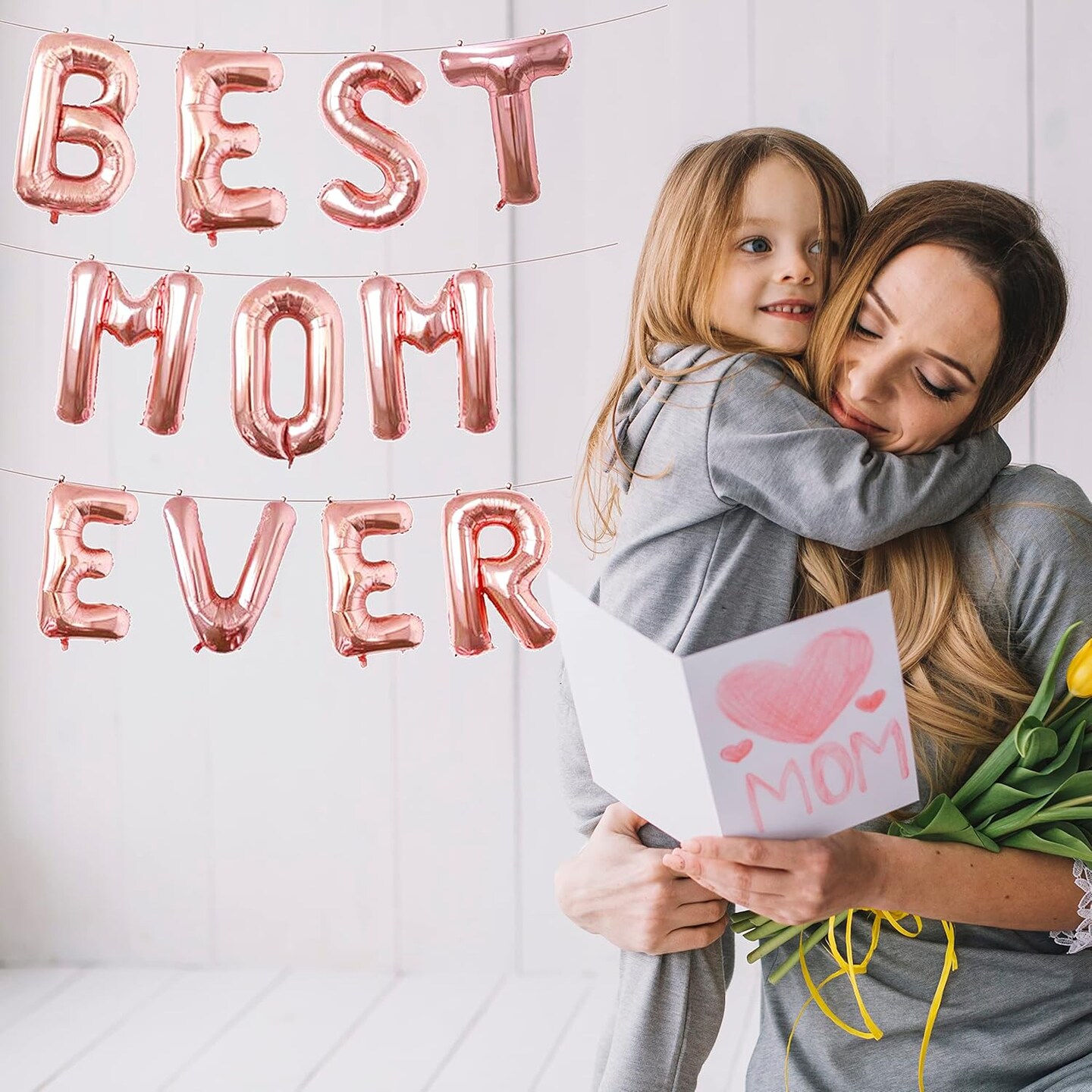 16 Inches Best Mom Ever Balloons Hanging Banner Decorations, Rose Gold Aluminum Foil Letter Balloons for Mother&#x27;s Day Birthday Baby Shower Gender Reveal Party Supplies