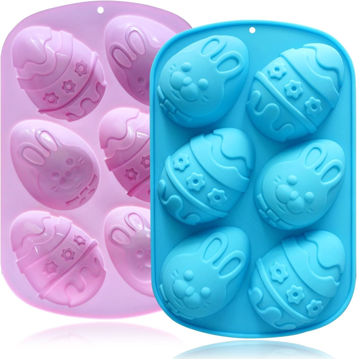 Easter Egg Molds Silicone 3.5 Inch, 2-Pack Chocolate Baking Holiday Mould, Non-Stick BPA Free, Kid-Friendly Soap Rabbit & Floral Designs, Blue & Pink