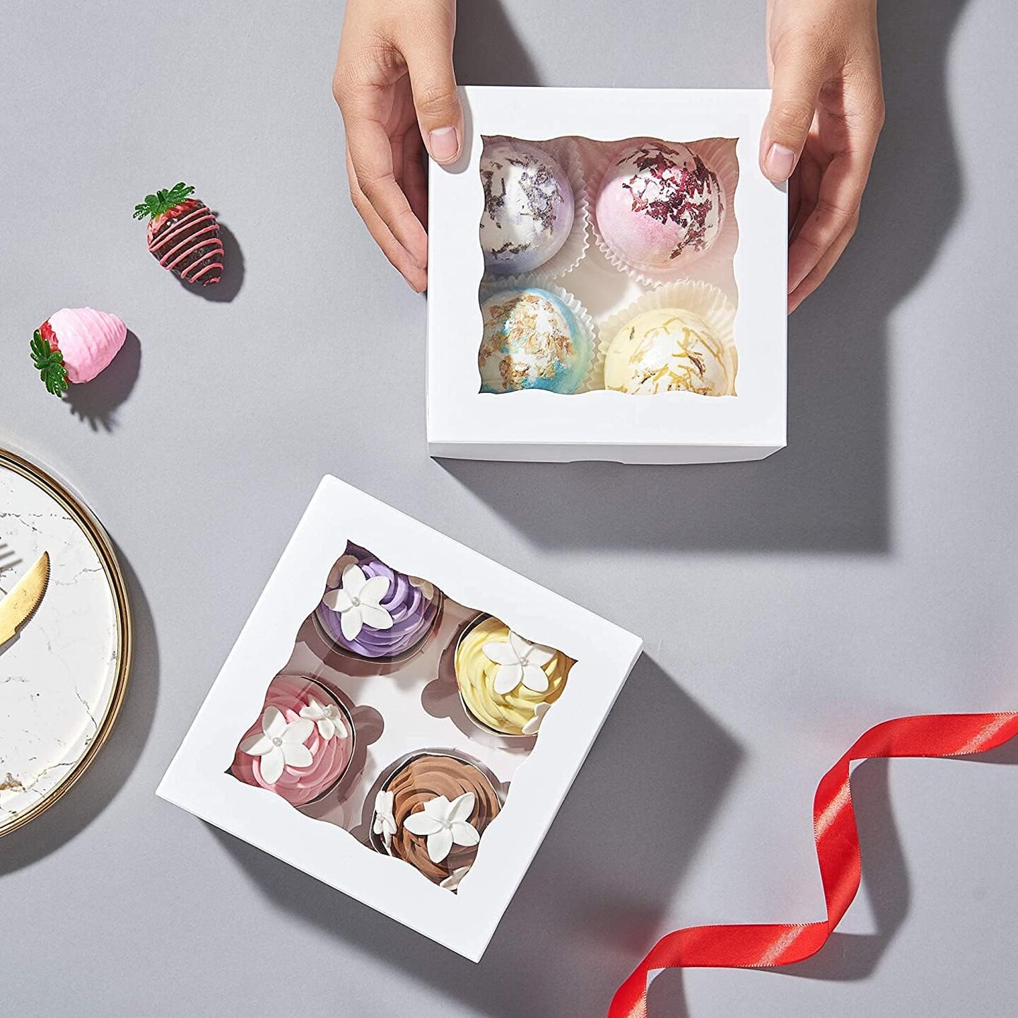 50 Pack White 4 Cupcake boxes with Window Chocolate Bomb Boxes Bakery Box Cookies Boxes Strawberry Boxes