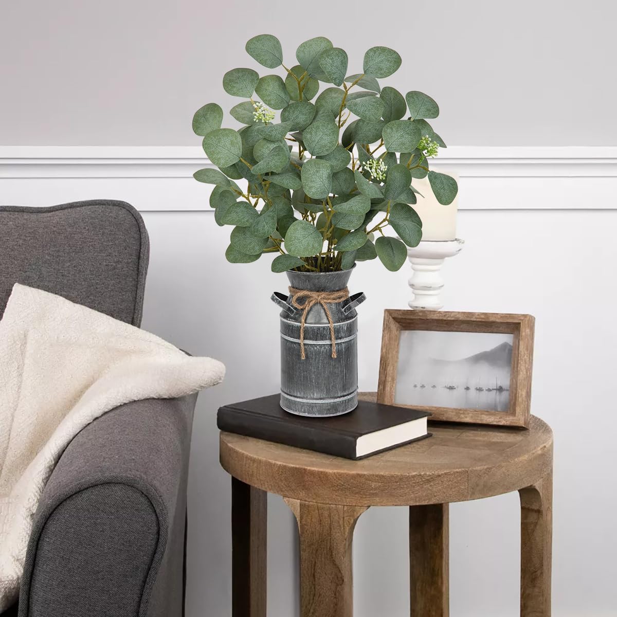 Lifelike Artificial Eucalyptus Plant in Rustic Metal Vase &#x2013; 19&#x22; Realistic Faux Greenery for Farmhouse Home D&#xE9;cor, Living Room, Kitchen, Office, Weddings &#x26; Table Centerpieces