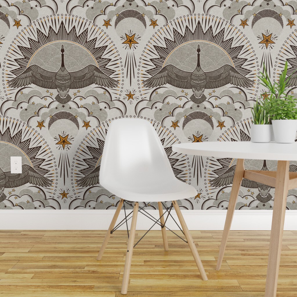Peel &#x26; Stick Wallpaper 2FT Wide Rustic Bohemian Geese Night Sky Canadian Cabincore Farmhouse Flying Birds Stars Moon Clouds Wingspan Earthy Dots Lines Geometric Lodge Custom Removable Wallpaper by Spoonflower