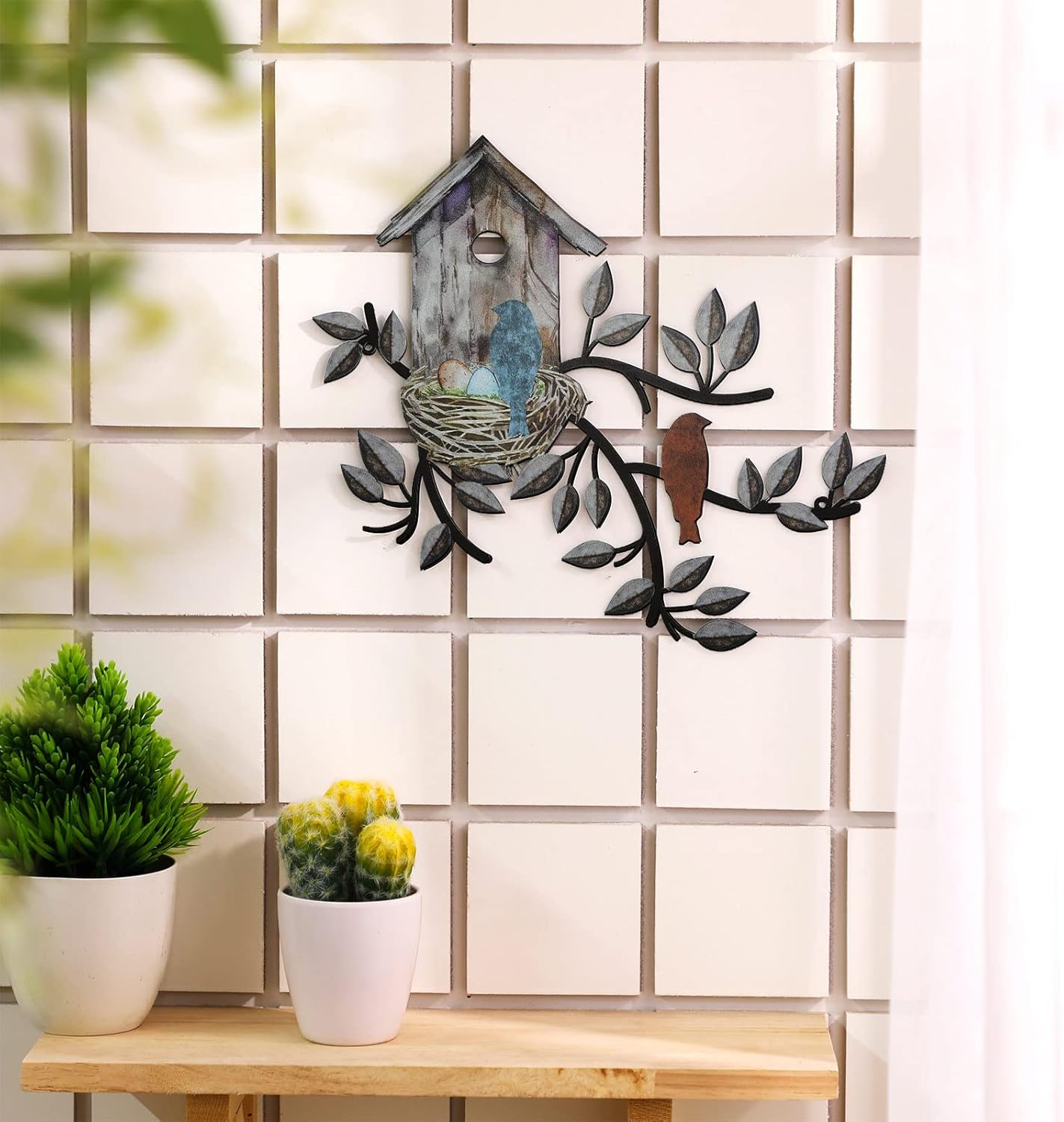 Birds Metal Wall Art – Tree with Birdhouse, Indoor & Outdoor Garden Decor (Brown)