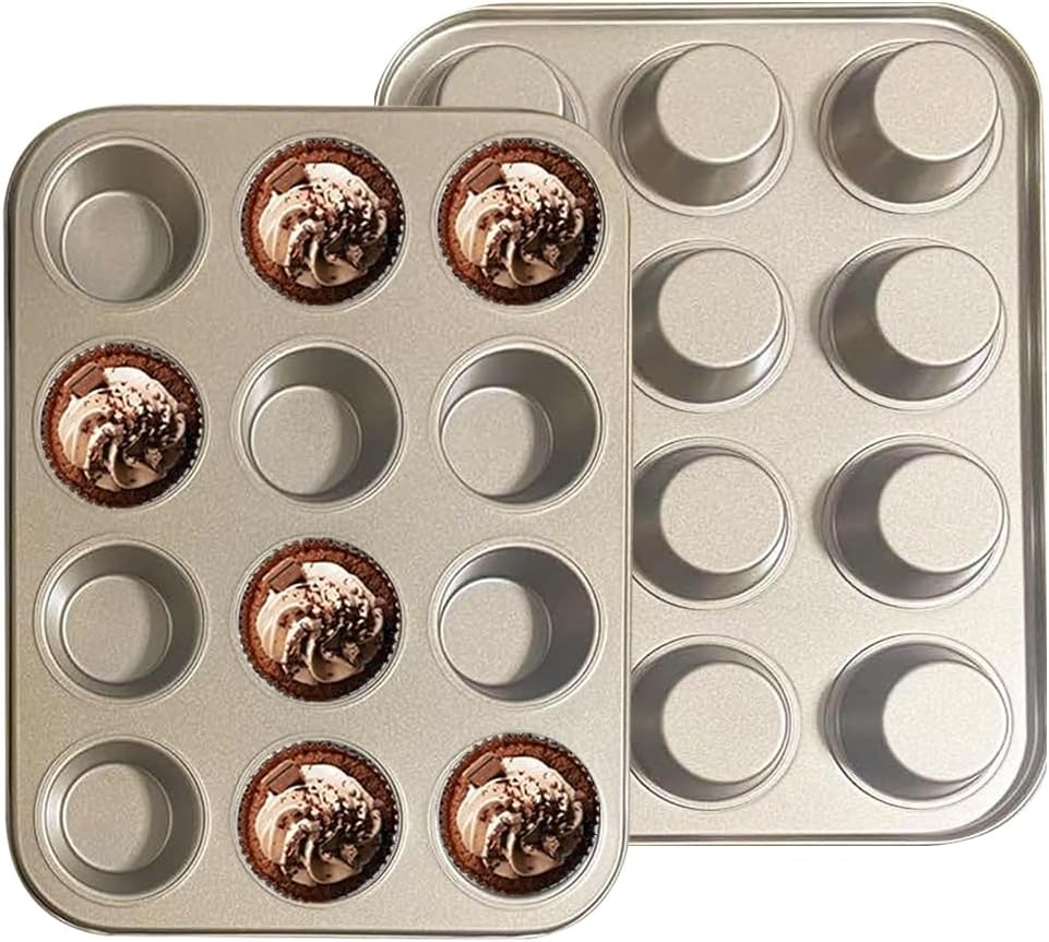 Muffin Pan, Cupcake Pan, Set of 2, 12-Cup Muffin Tin, Non-Stick Bakeware, Easy to Release and Clean, Baking Molds, Muffin Tray, Molds for Homemade Cupcakes &#x26; Muffins (Gold)