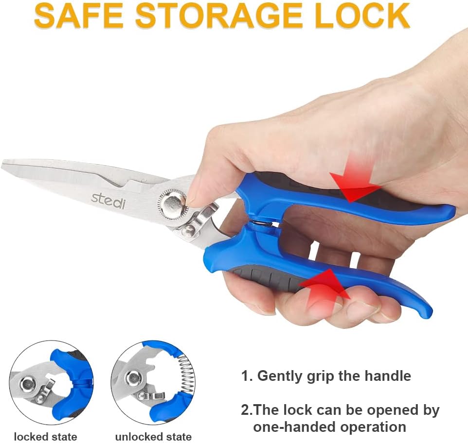 Multipurpose Heavy Duty Scissors, High Carbon Stainless Steel Shears with Fine Serrated Blades Easy to Cut Cable Notches,Non-Slip Comfort Handle, Cuts Wire, Carton,for Household Pruning, Office