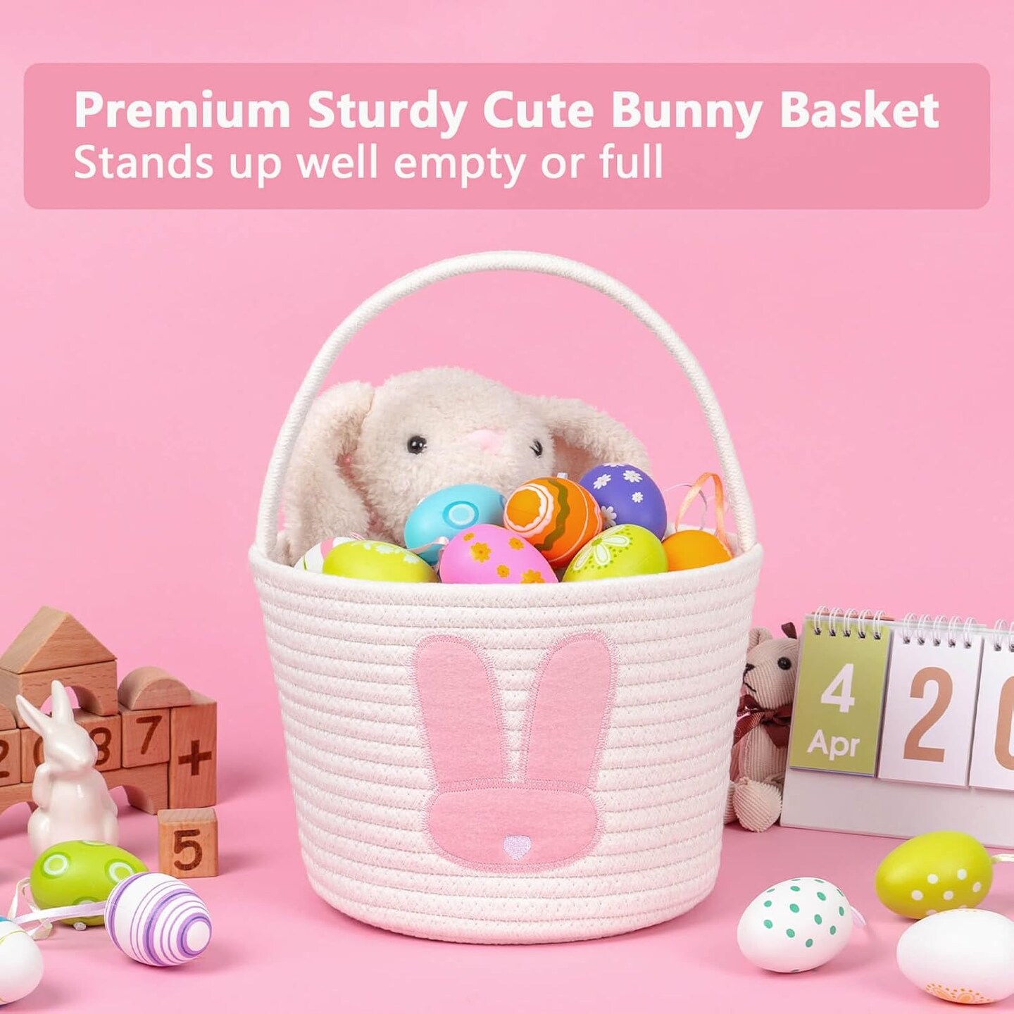 Easter Bunny Basket Set for Kids, Babies, 2-Piece Easter Egg Hunt Baskets for Girls, Boys, Soft &#x26; Durable Cotton Rope Empty Gift Basket, Festive Decor &#x26; Gift Ideas, Large
