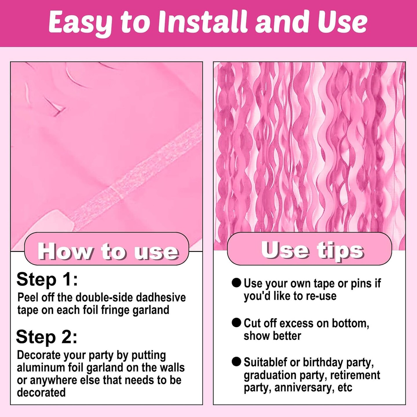 6-Pack 10 ft Macaron Pink Foil Fringe Garland – Metallic Tinsel Party Decor