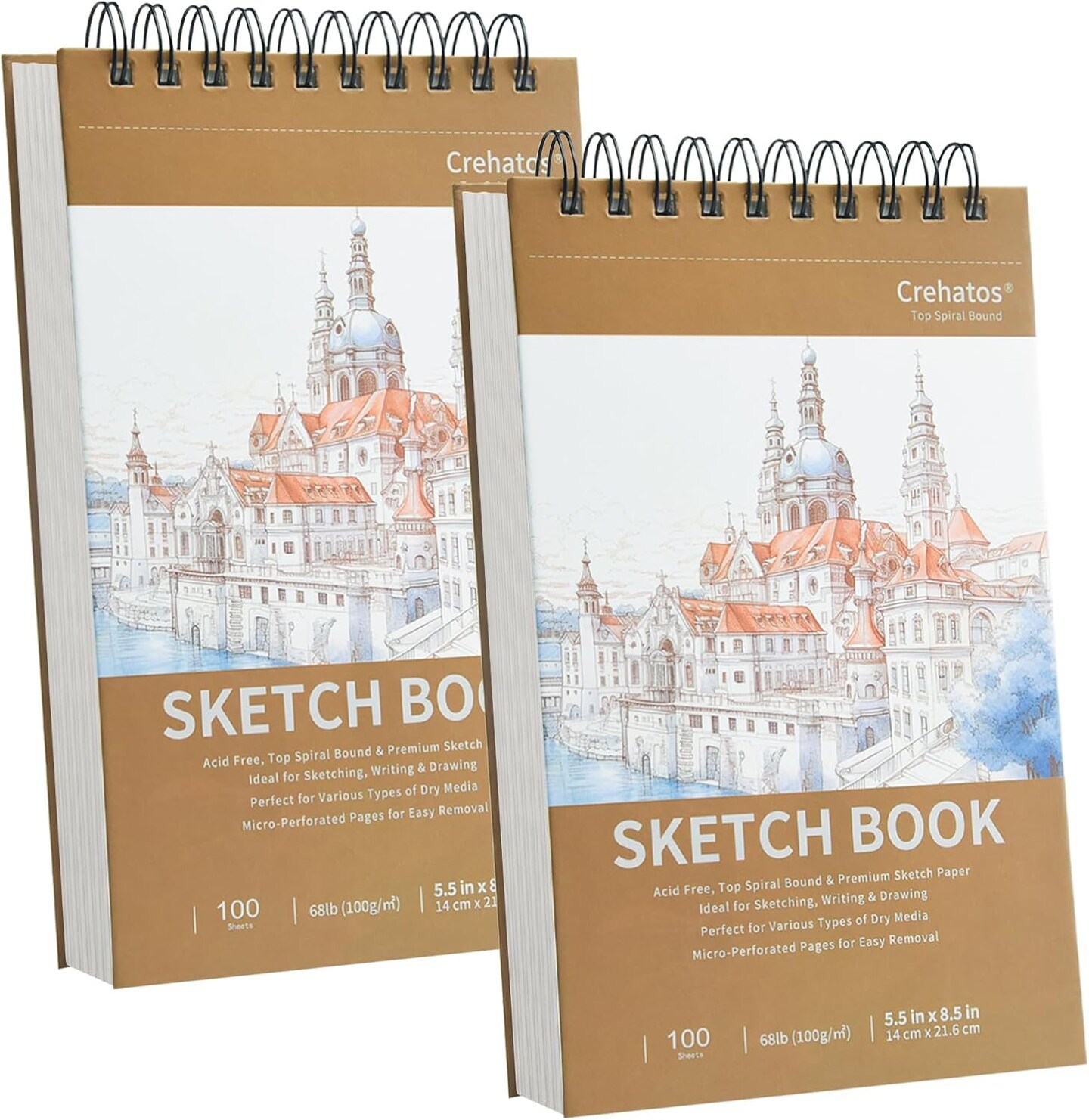 2-Pack 5.5x8.5” Spiral Sketchbooks – 100 Sheets, 68lb/100gsm Drawing Paper