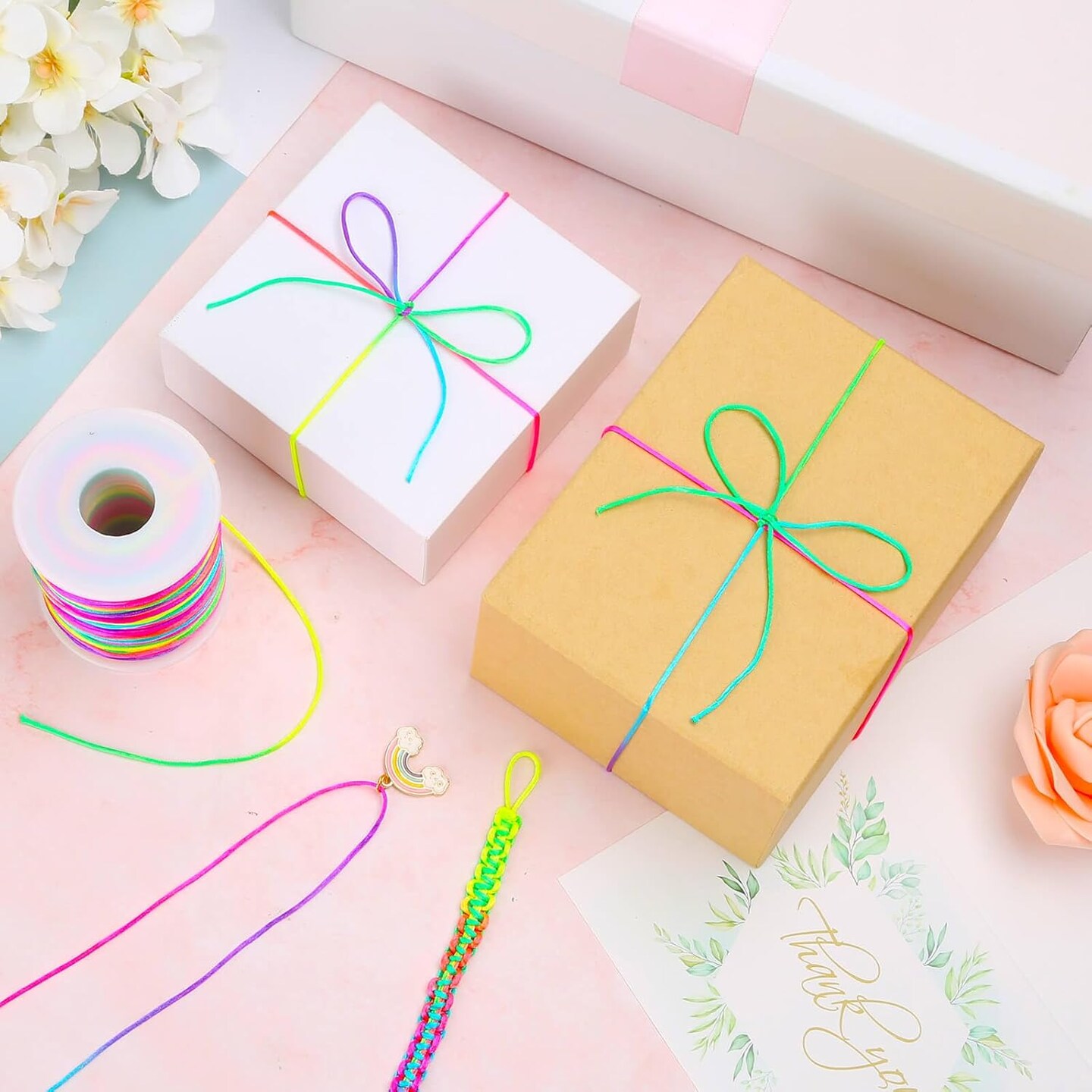 Rainbow Color Nylon Cord, Nylon Craft String, Silky Satin Rattail Cord Beading String for Braided Bracelets, Pendants Necklace, Macrame Keychains, Lanyards, Drawstring Bags, DIY Crafts, Sewing