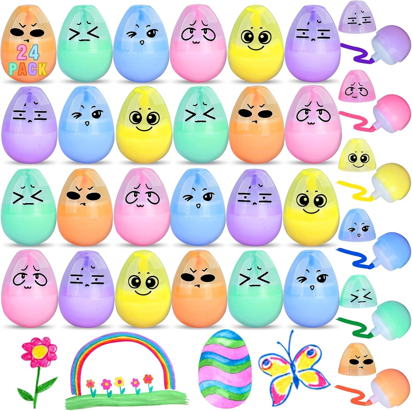 24 Pack Easter Basket Stuffers Novelty Easter Egg Marker Pens for Kids Toddlers, 6 Colors Fluorescent Art Paint Pens Cute Easter Toys for Easter Hunt Egg Fillers