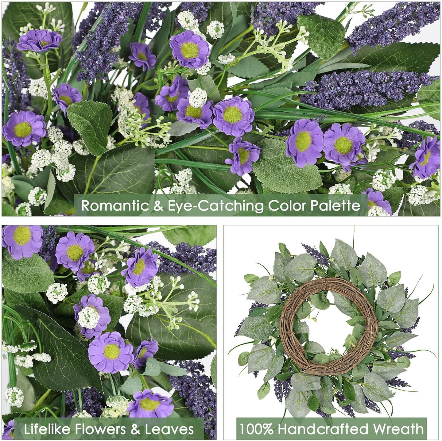 Artificial Farmhouse Wreaths with Wildflowers Greenery Purple Spring Floral Door Wreath