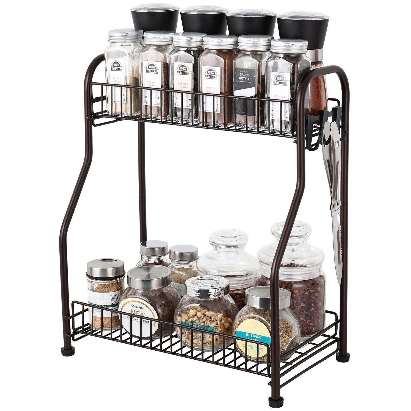 2-Tier Kitchen Spice Rack Metal Bathroom Organizer for Countertop with 3 Hooks