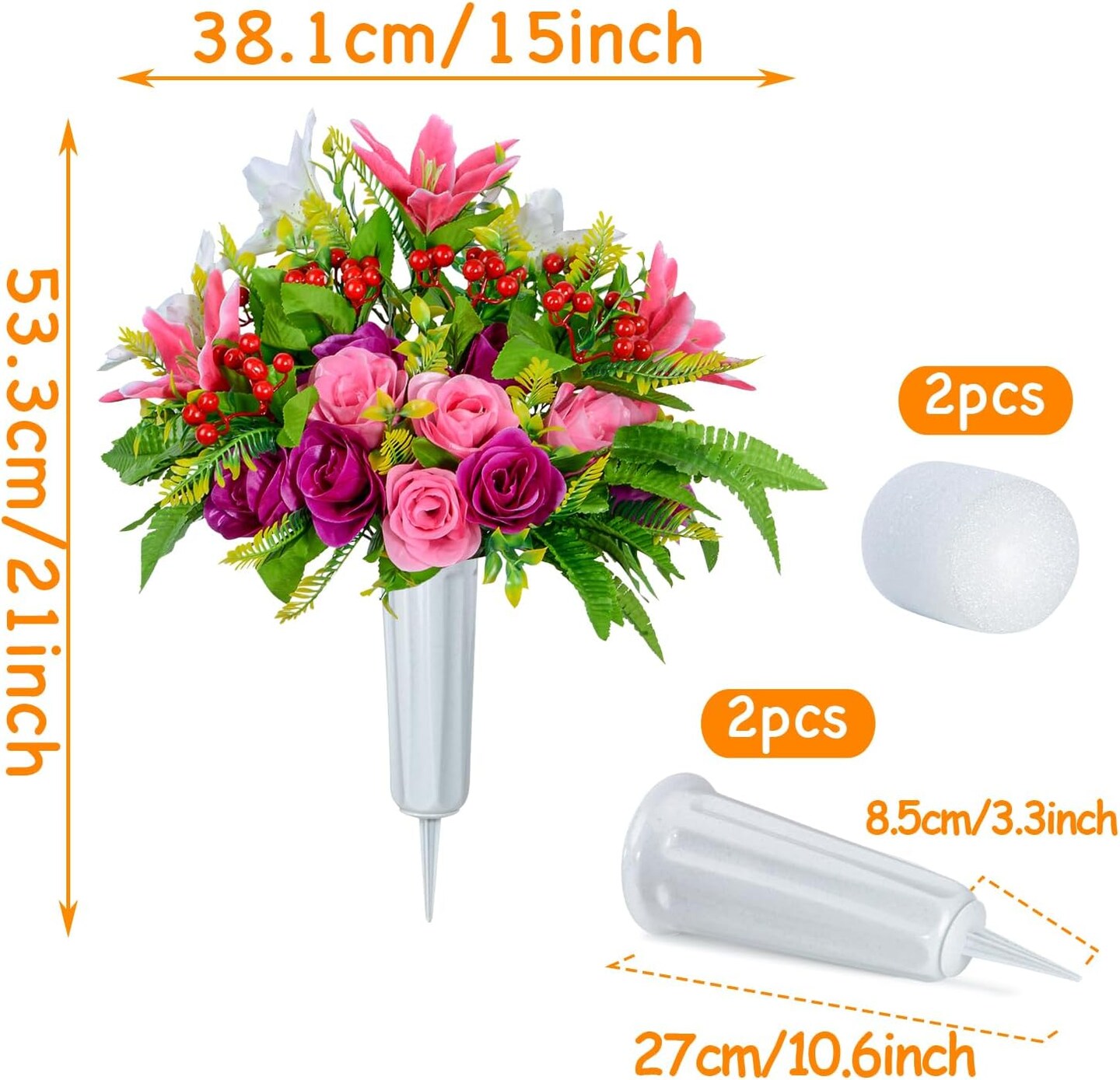 Artificial Cemetery Flowers with Vase, Set of 2 Artificial Rose Lily Bouquet Graveyard Memorial Flowers for Cemetery Headstones Decoration 5&#x22;D x 5&#x22;W x 15&#x22;H
