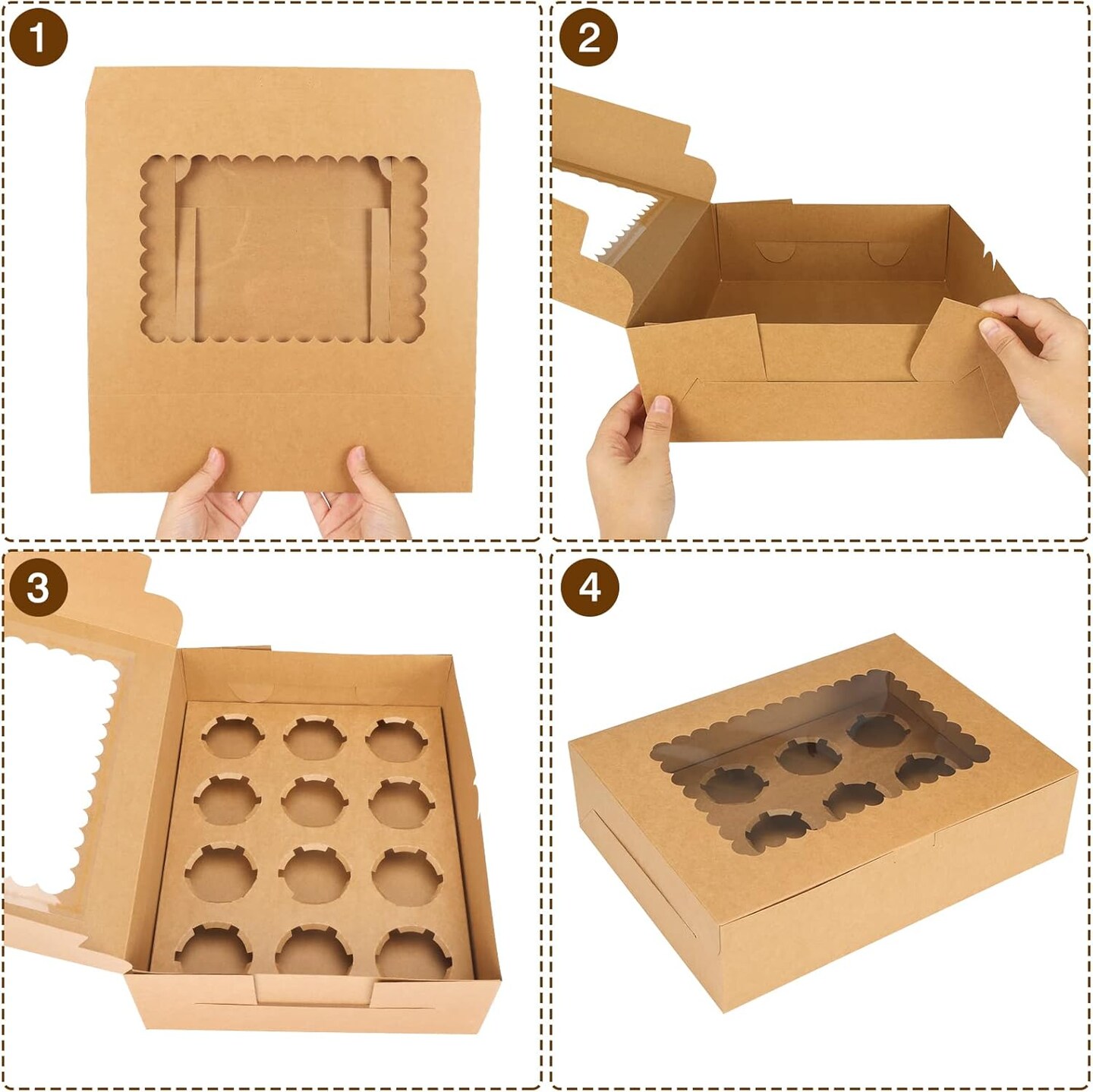 34-Pc Kraft Cupcake Boxes – 12-Count, Brown with Window & Inserts, 13x10x3.5in