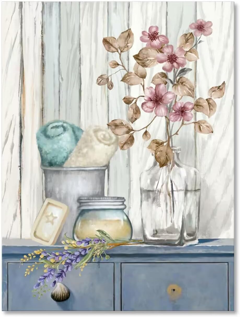 Bathroom Decor Wall Art Farmhouse Flower Pictures Laundry Room Bathroom Wall Decor Pink Poppy Vase Canvas Prints Blue White Painting Framed Artwork