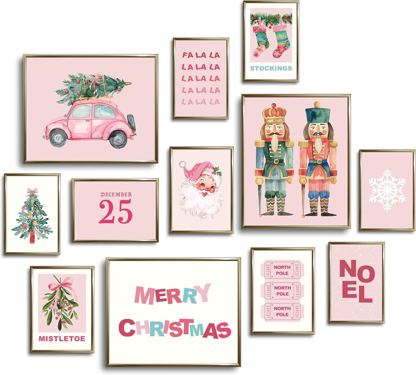 Pink Christmas Wall Art, Pastel Holiday Xmas Aesthetic Poster for Room Decor, Vintage Santa Pine Tree Merry Gallery Artwork Prints. (Multi Sizes, 8&#x22; X 10&#x22; Largest, Set of 12, UNFRAMED)