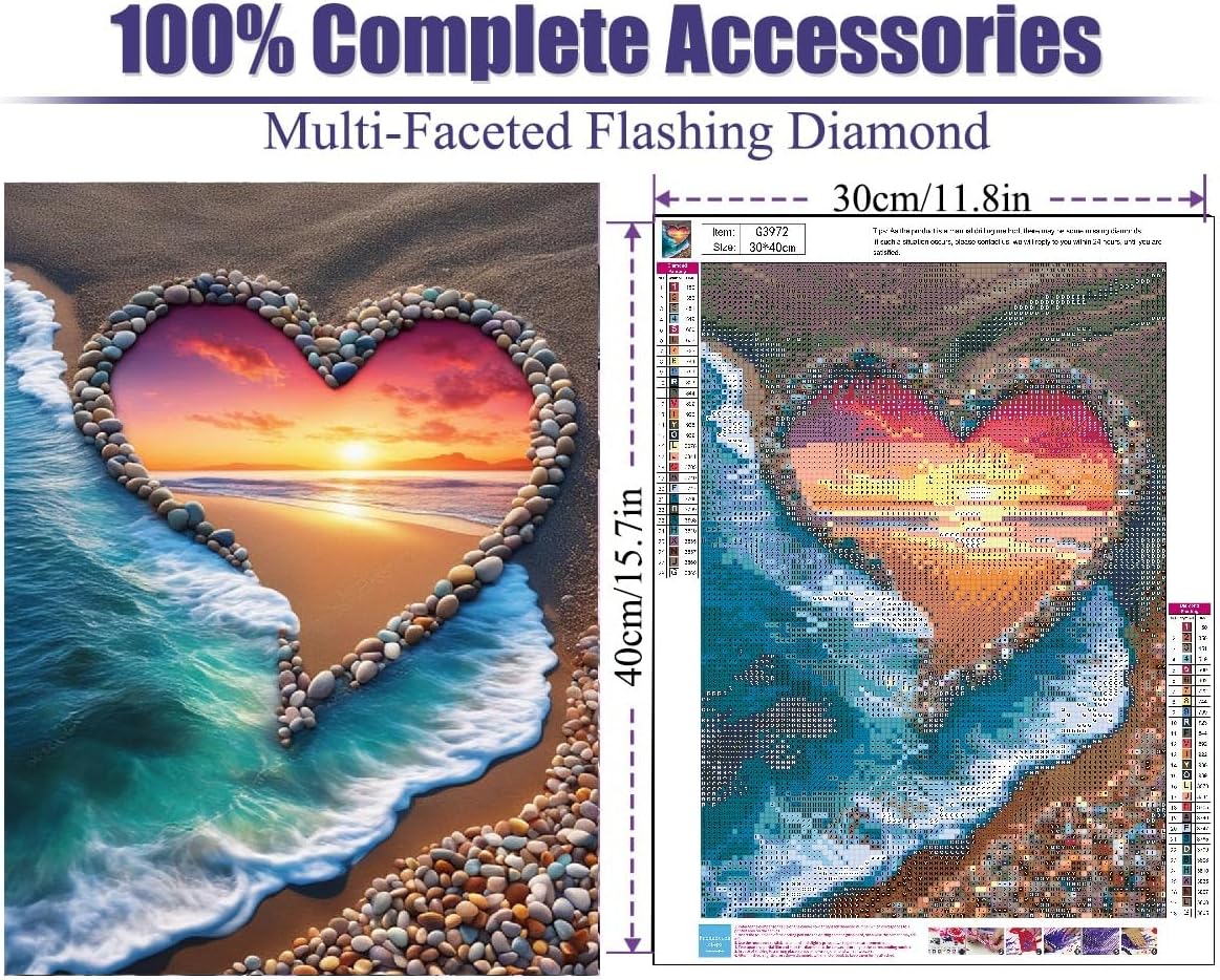 Beach Diamond Painting Kit for Adults – DIY 5D Full Round Drill Sunset Diamond Art for Beginners, Love Ocean Paint by Diamonds with Rhinestone Diamond Dots Craft for Home Wall Decor, 12x16 Inch