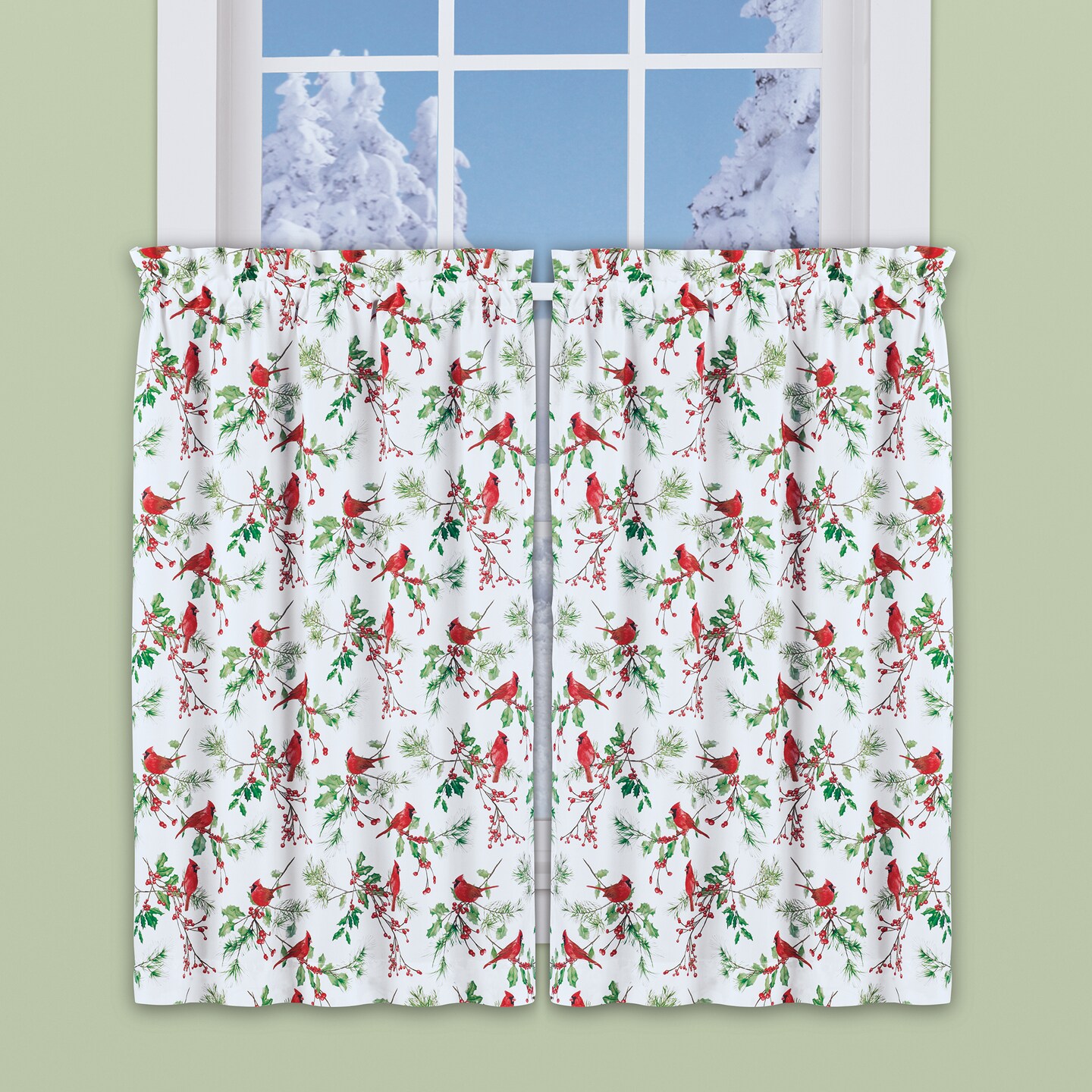 Collections Etc Festive Cardinal Holly Printed Kitchen Café Curtains