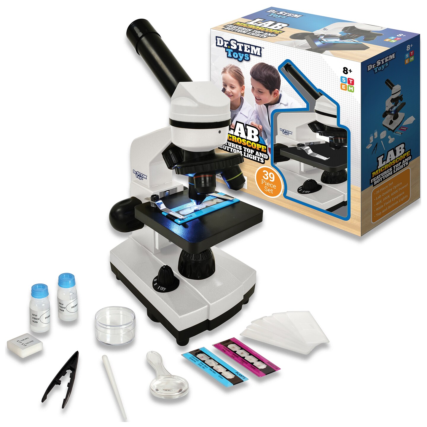 Dr. STEM: Lab Microscope - 39pc Science Kit, Specimen Slides, Petri Dish, Adjustable Lense Magnification & Lights, Examination Accessories, Kids 8+