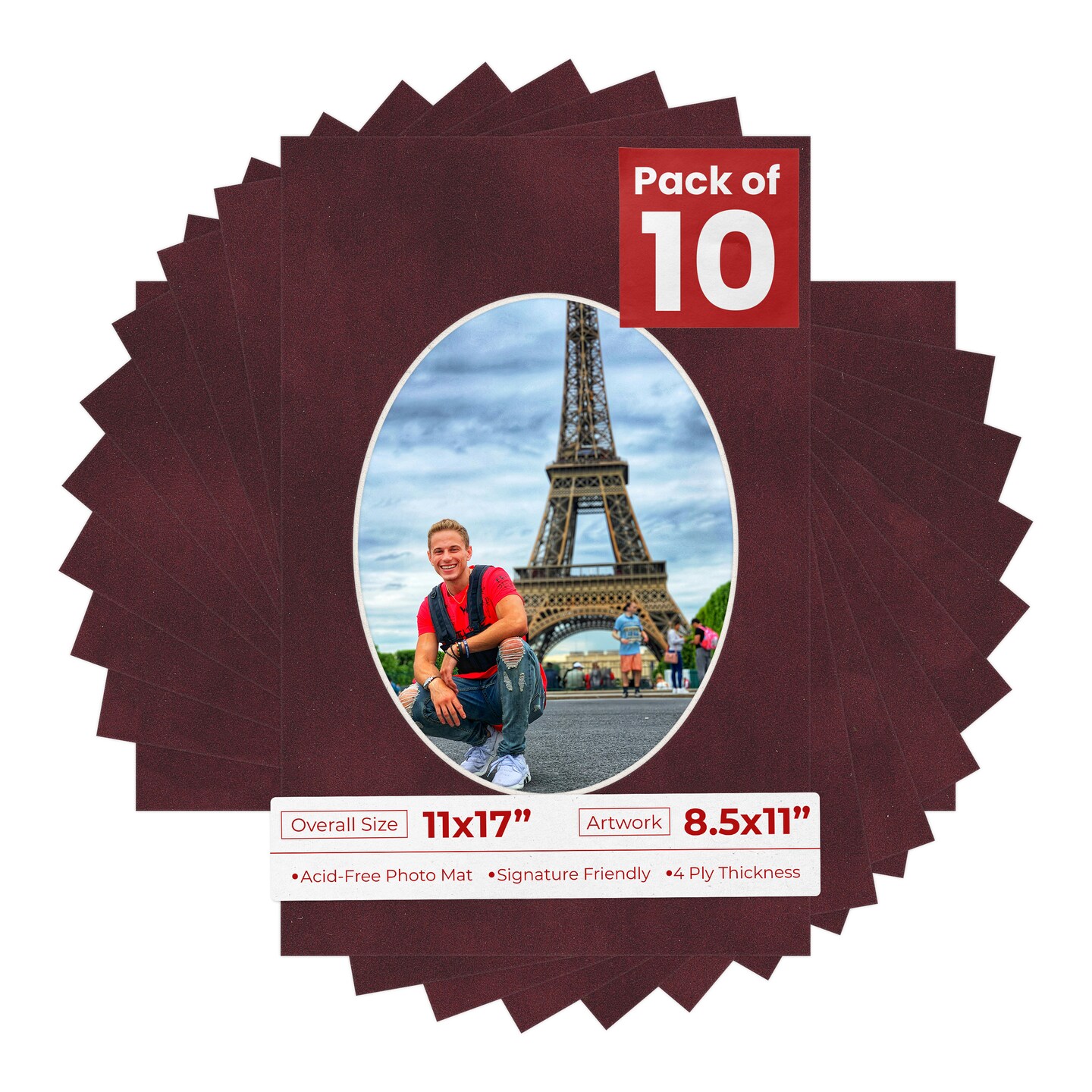 Dark Red Suede Mat Board for 11x17 Frames - Oval Opening for 8.5x11 Photos