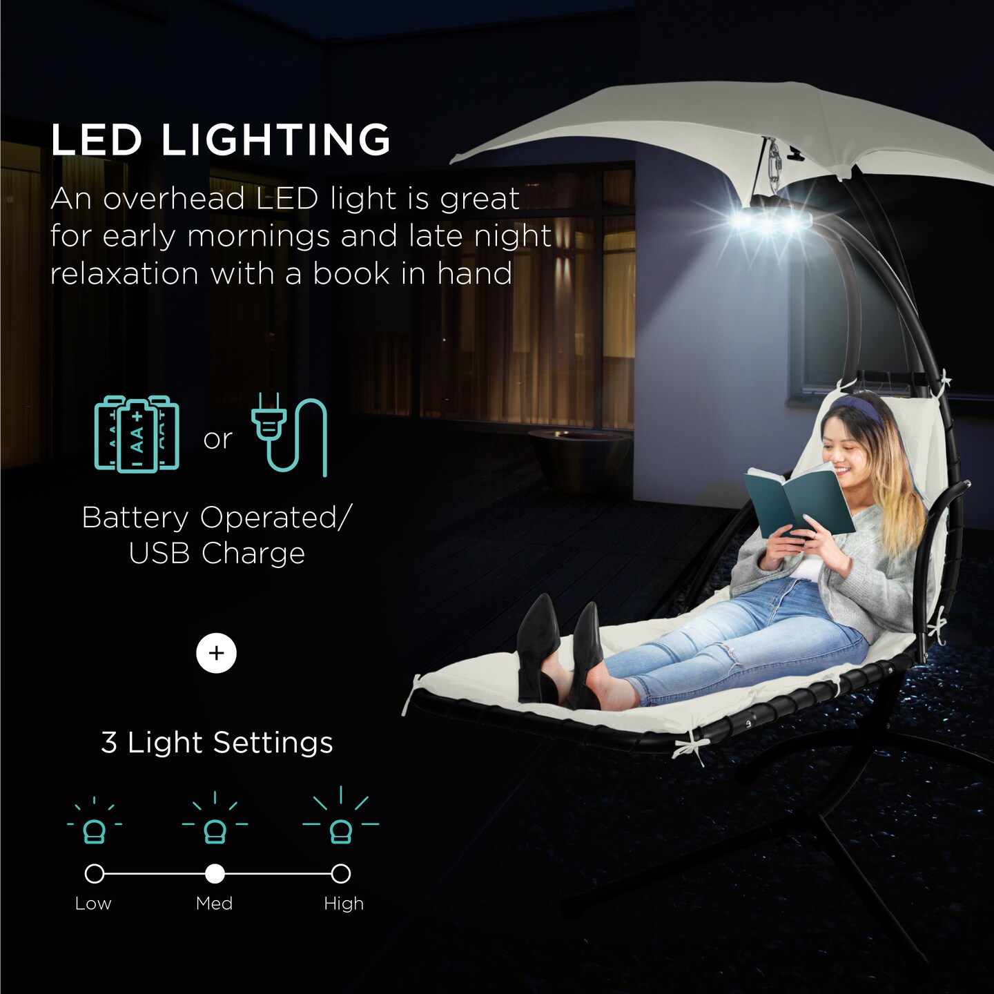 Best Choice Products Hanging LED-Lit Curved Chaise Lounge Chair for Backyard, Patio w/ Pillow, Canopy, Stand