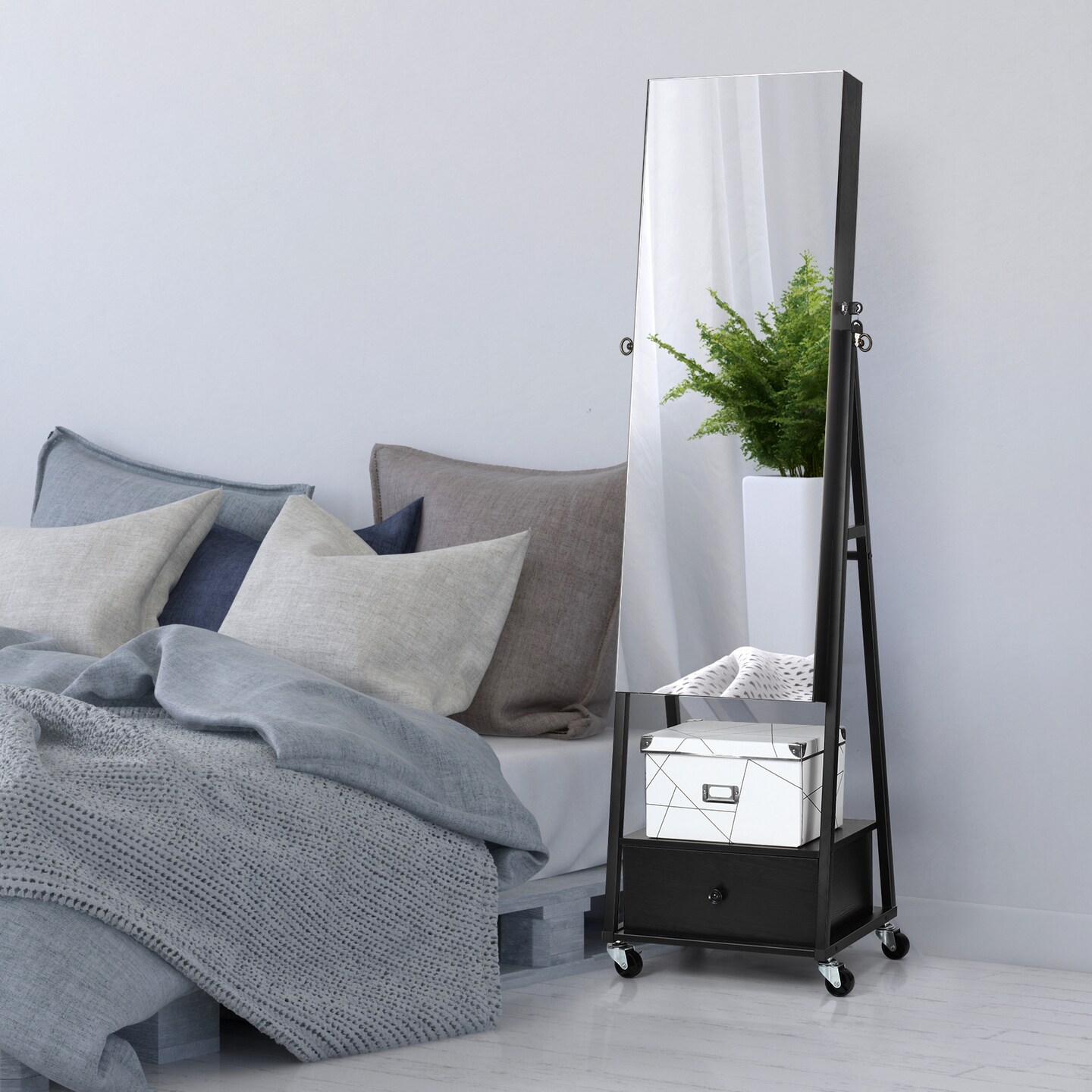 Dark Black Freestanding Lockable Jewelry Mirror Cabinet, Rolling Full Body Vanity Mirror Makeup Organizer Armoire