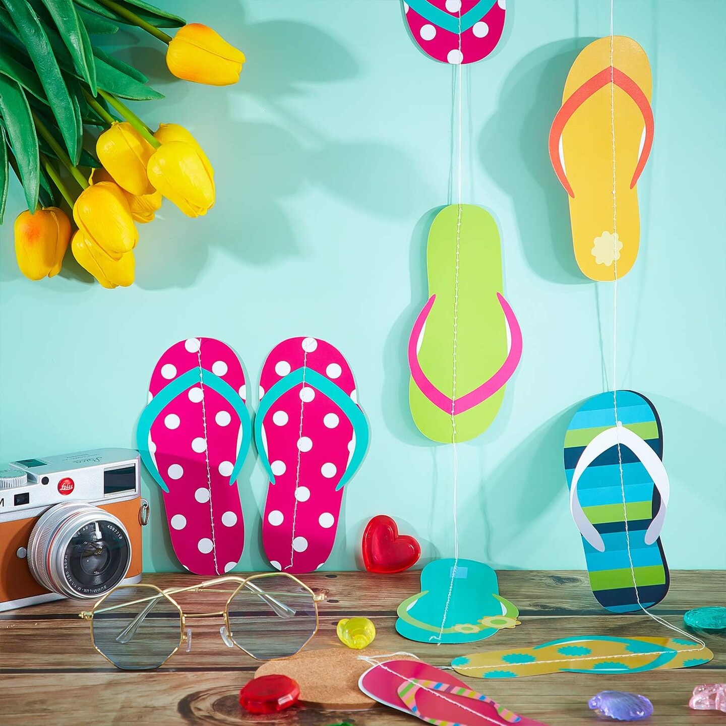 8-Piece Flip Flop Hanging Banner (52 Feet) | Summer Beach Slipper Garland for Hawaiian Luau, Pool Party, Birthday & Baby Shower Decorations