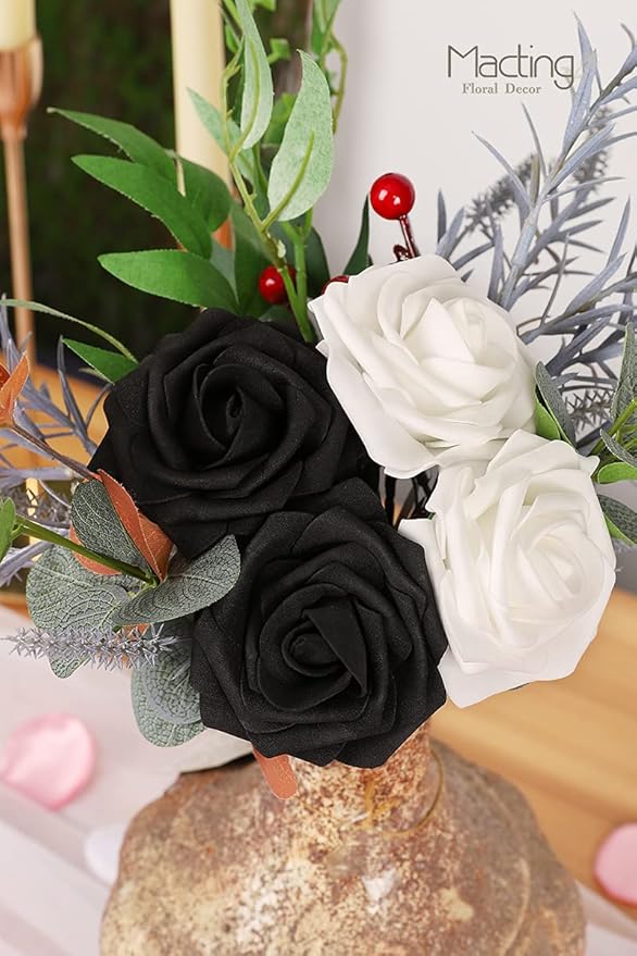 Artificial Roses Flowers 30PCS Black and White, Real Touch Foam Fake Roses with Stems for Wedding Bouquets, Kissing Balls, Corsages, Baby Shower & Home Decorations
