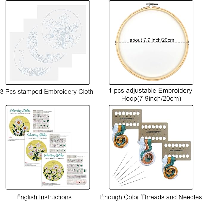 3 Sets Floral Embroidery Kits for Beginners – Cross Stitch & Needlepoint DIY Starter Kit for Adults – Includes Hoops, Threads & Step-by-Step Instructions