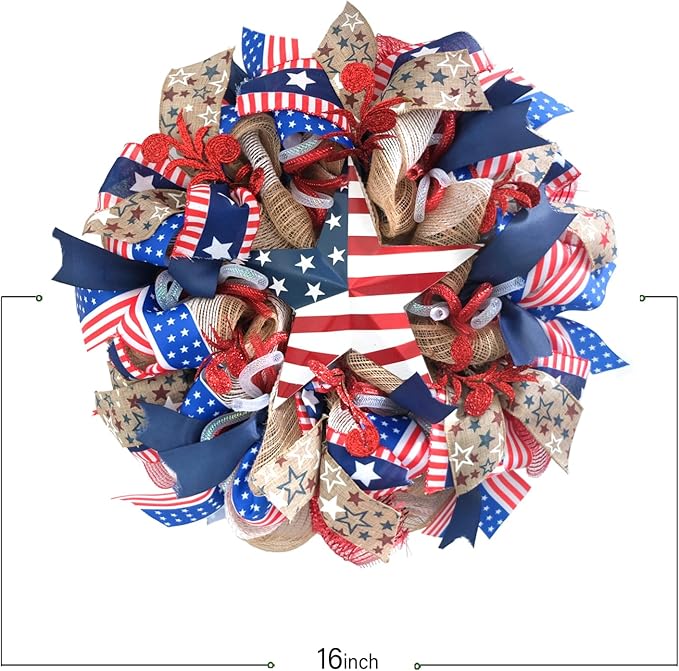 Patriotic Burlap Mesh Wreath 16 Inch, Blue American Flag Front Door Decoration for Memorial Day, 4th of July, Veterans Day & USA Holidays