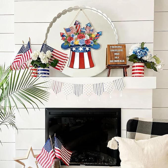 Wooden 4th of July Door Wreath, Patriotic Star Welcome Sign for Front Door, Independence Day & Memorial Day Hanging Decoration for Home Indoor Outdoor Wall Decor
