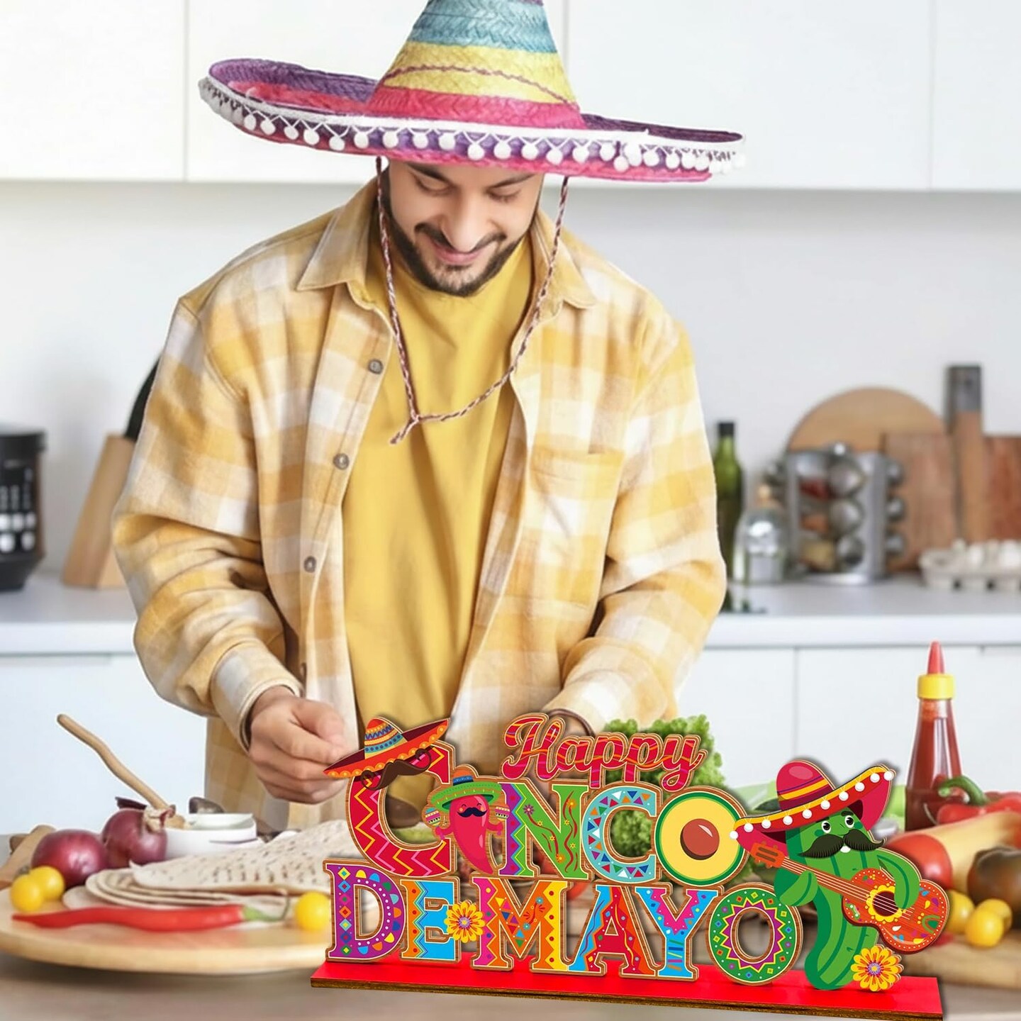 Cinco de Mayo Wooden Table Centerpiece Sign – “Happy Cinco de Mayo” Fiesta Party Decoration, 11.8” x 5.2” Rustic Wood Display for Mexican Fiesta, Taco Bar, Kitchen & Home Decor