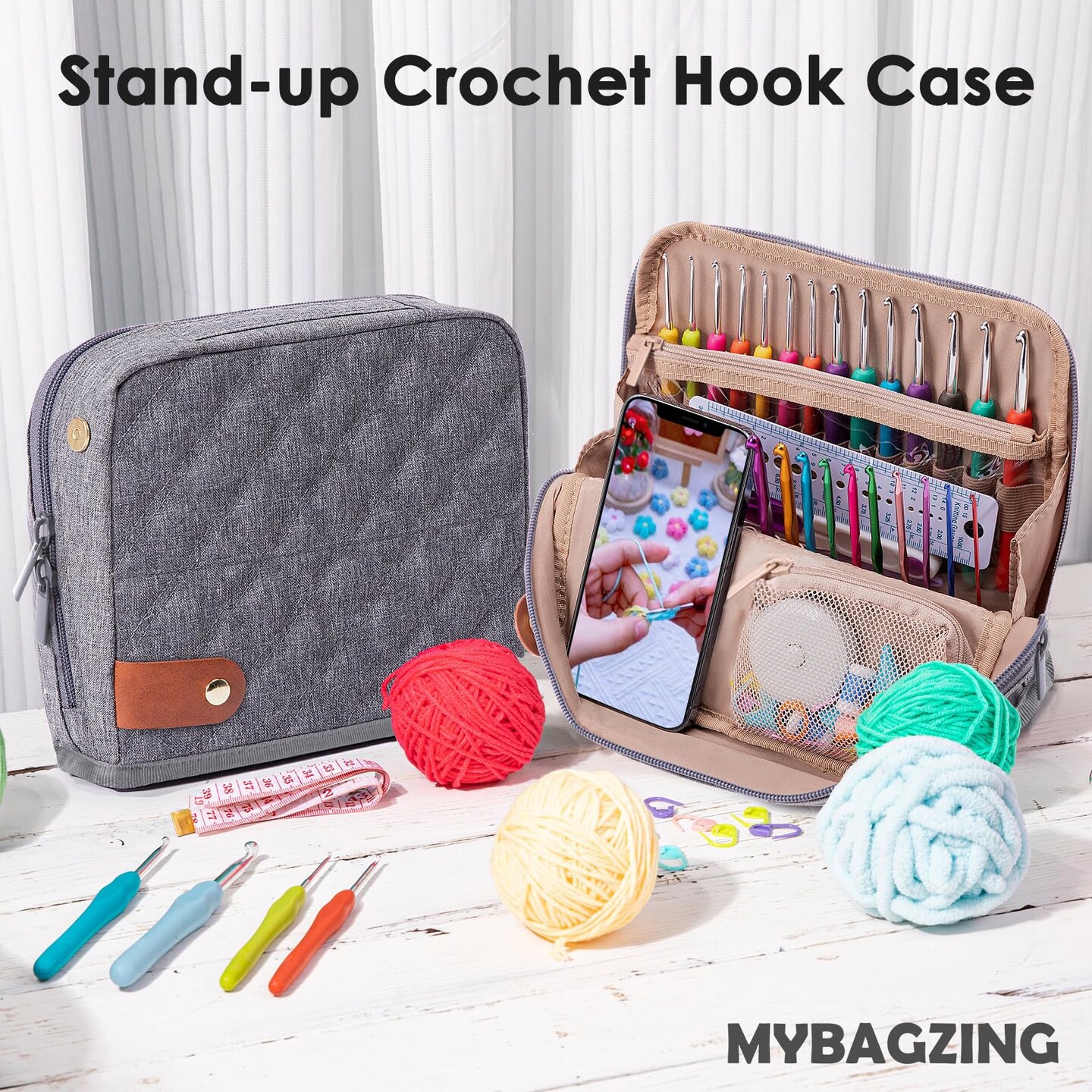 82Pcs Crochet Hook Set with Storage Case - Stand Up Crochet Hook Case with 20 Size Crochet Hooks & needles, Crochet Accessories - Crochet Needles Set for Crochet Lovers, Crochet Kit for Beginners