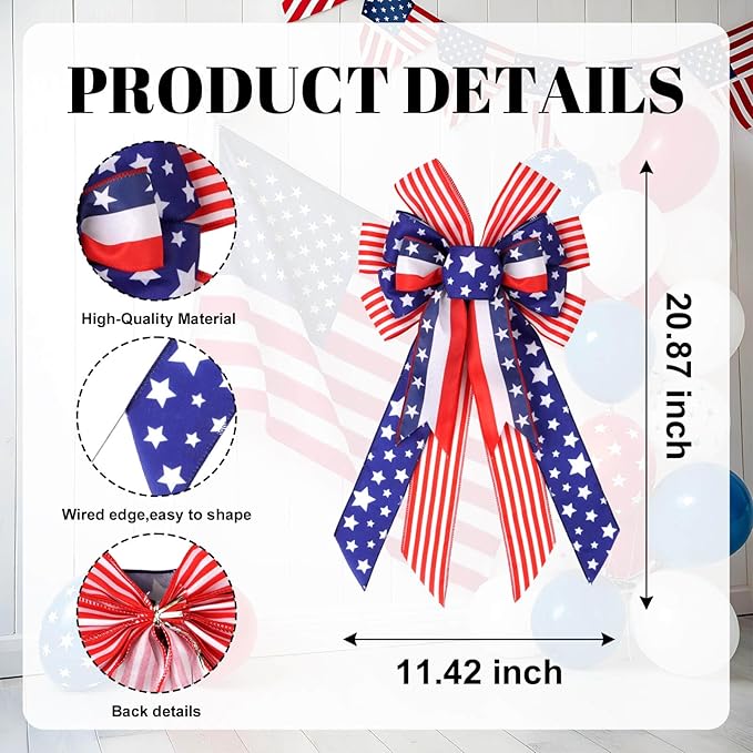 Large Patriotic American Flag Bow for Wreaths - 4th of July Stars and Stripes Wired Edge Ribbon - Red White and Blue USA Decorative Bow for Memorial Day, Veterans Day, & Front Door Decor